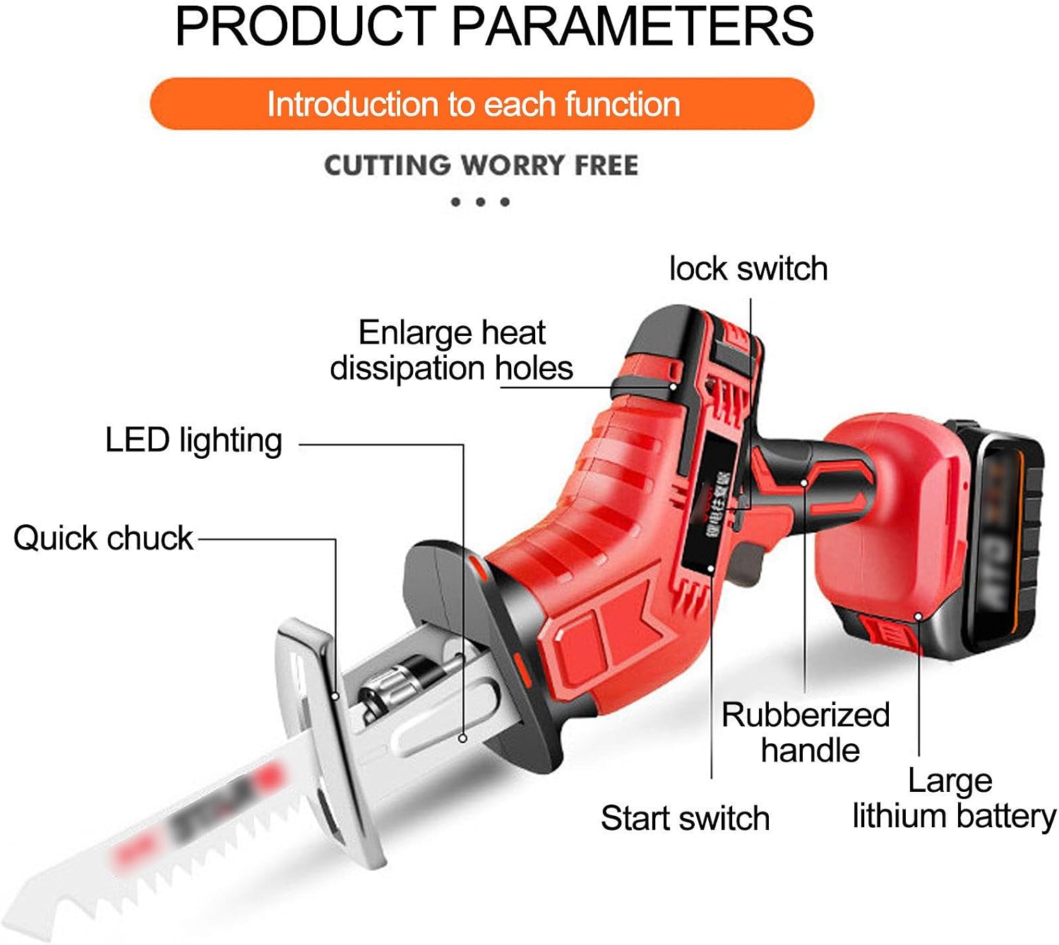 Cordless Handheld Electric Saw with Led Light - Portable Brushless Reciprocating Saw for Home Use - for Cutting Wood, Metal, PVC Pipe, and Bones,Battery-2battery