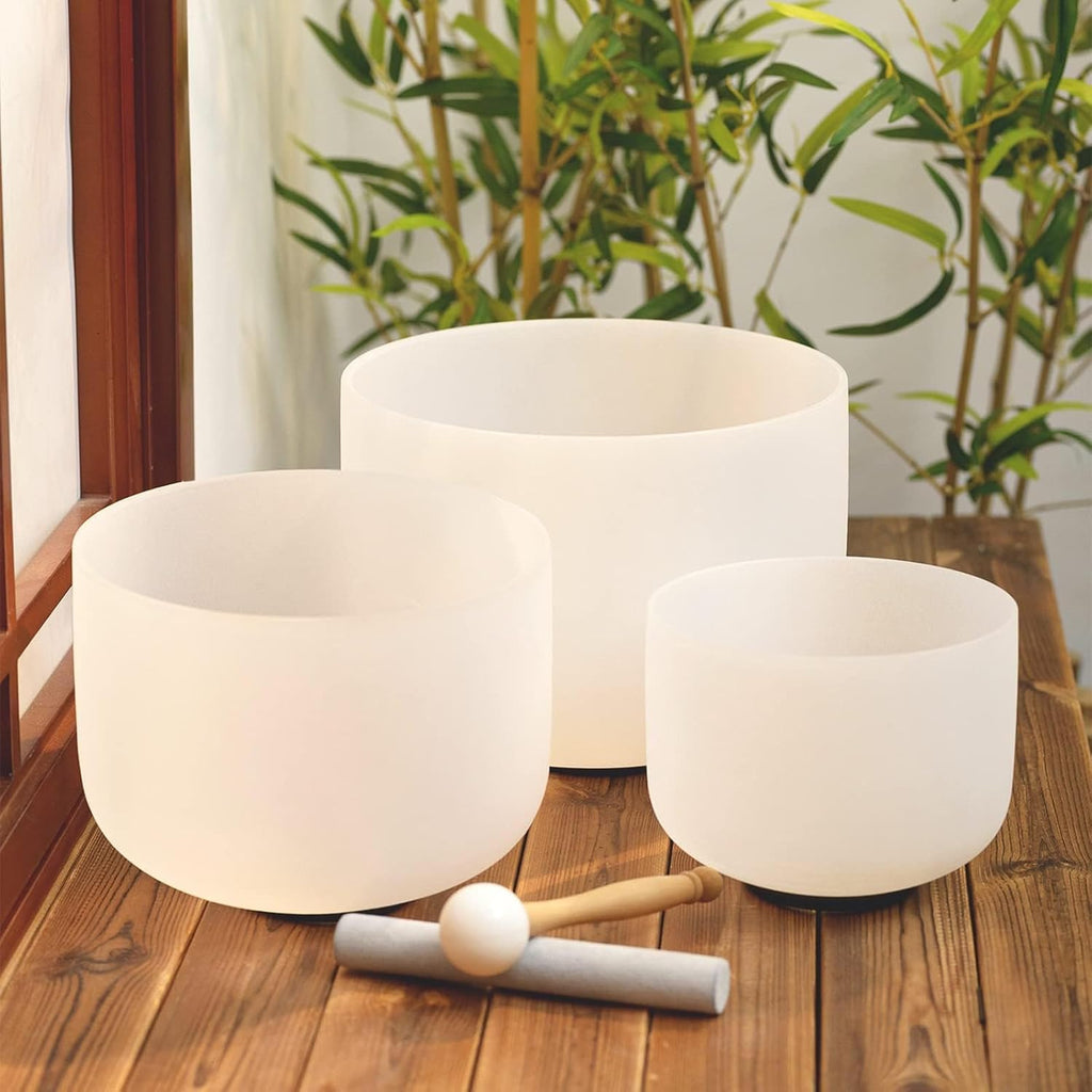 Hye-eun 3pcs 8'B 10'F 12'C Frosted Quartz Crystal Singing Bowl Set 432hz with Free Carry Bag Mallets & Rubber for Sound Healing Bath Keep Balance Therapy Meditation Yoga