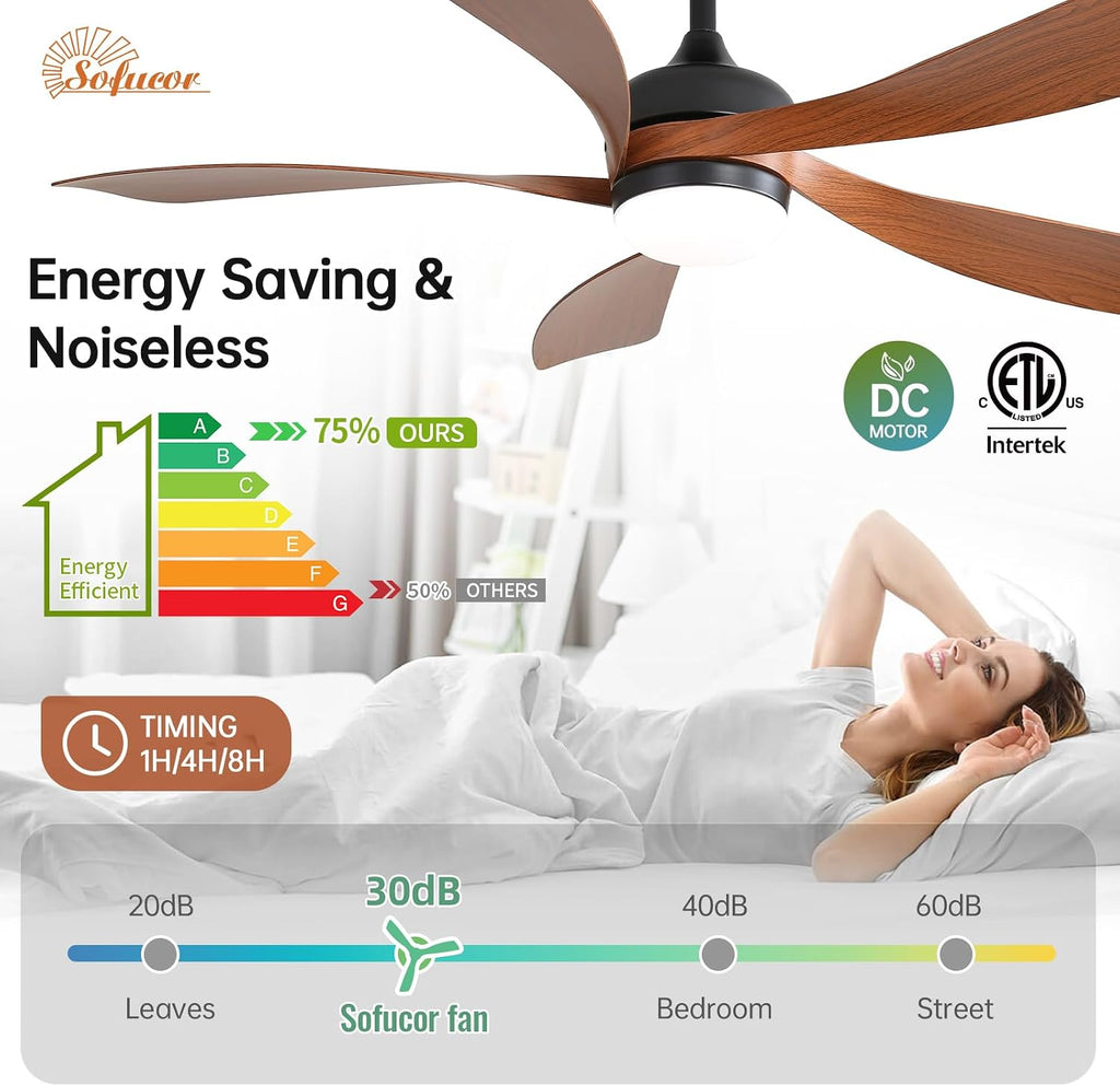 Sofucor 52 Inch Ceiling Fan with Light, Modern Ceiling Fan with Dimmable Memory LED - Quiet DC Motor, 6 Speeds 5000CFM, Timer, Reversible, for Living Room Bedroom, ETL, 5 Plastic+ABS Blades, Brown