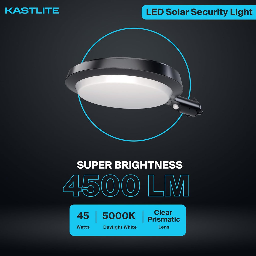 KASTLITE Solar Powered Dusk to Dawn LED Parking Lot Light with Motion Sensor | 150-Watt Equivalent Outdoor Security Lighting, Waterproof Flood Light for Yard, Garden & Driveway | 45W 5000K 4500LM