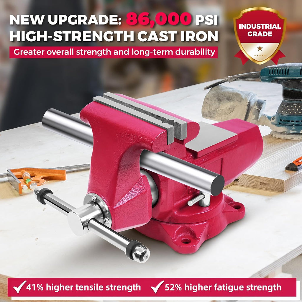 Forward Round Bench Vise 6 Inch, 1760B Economic Industrial Vice PRO with 360° Swivel Base, 6' Jaw Width, 6' Max Jaw Opening, 3-3/4' Throat Depth, 86,000PSI Ductile Iron