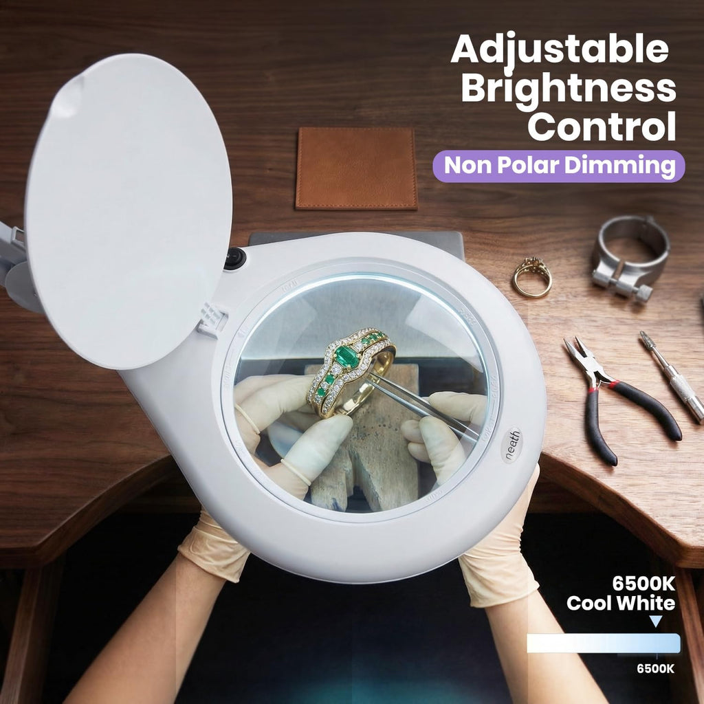 Neatfi Elite XL HD Super LED Magnifying Lamp with Clamp – 7' Glass Lens, 5-Diopter, 6500K Daylight | Glare-Free, Adjustable Arm | Reading, Sewing & Crafting (7 Inch Lens, White)
