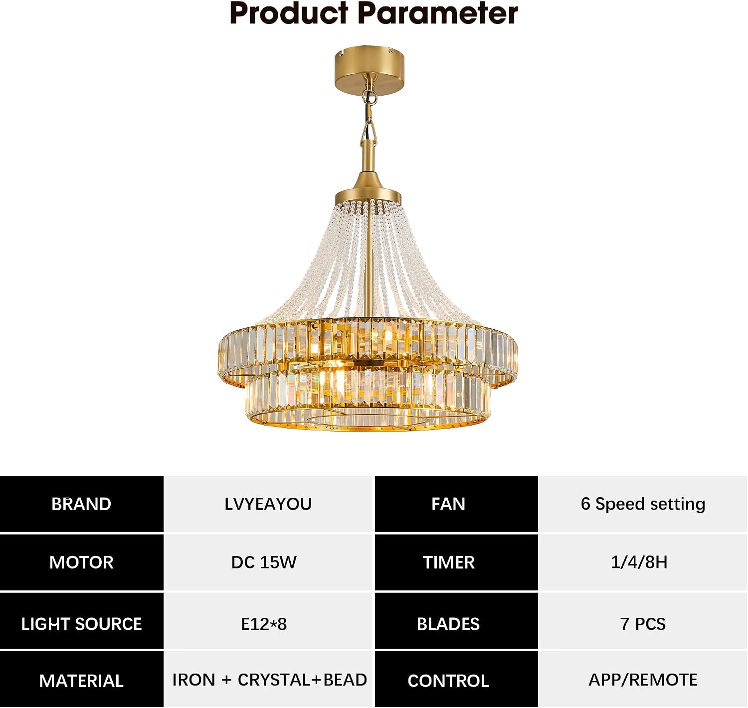24' Modern Crystal Chandelier Ceiling Fan with Lights, Remote & App Control, 6-Speed Reversible Large Fandelier, Double Layer Design for Bedroom, Living Room (Luxury Gold)