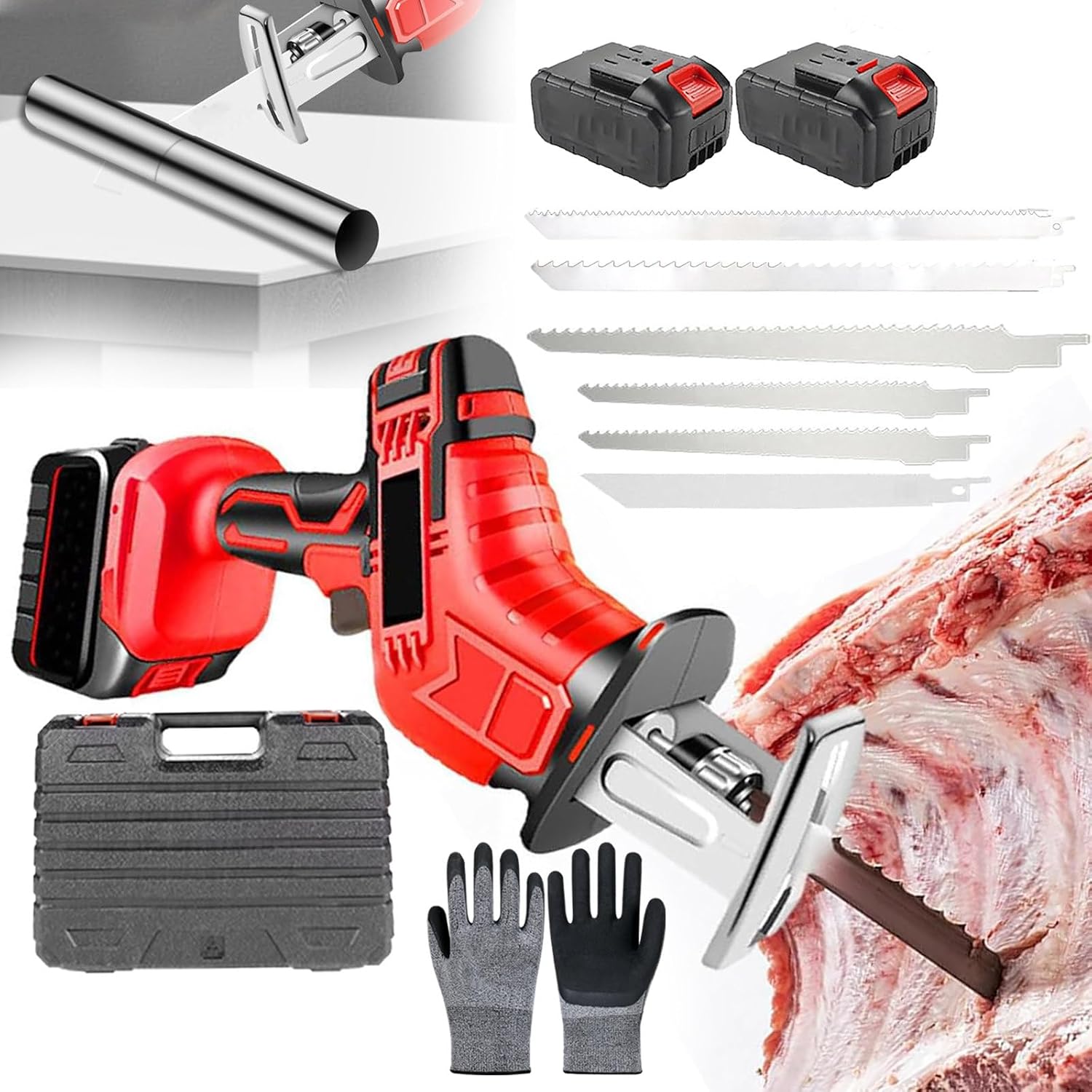 Electric Meat and Bone Saw,Cordless Reciprocating Saw,Rubber Handle,with 6replaceable Saw Blades,1pairs Gloves,Led Auxiliary Lighting,for Wood,Metal Cutting&Meat Bone,2batteries