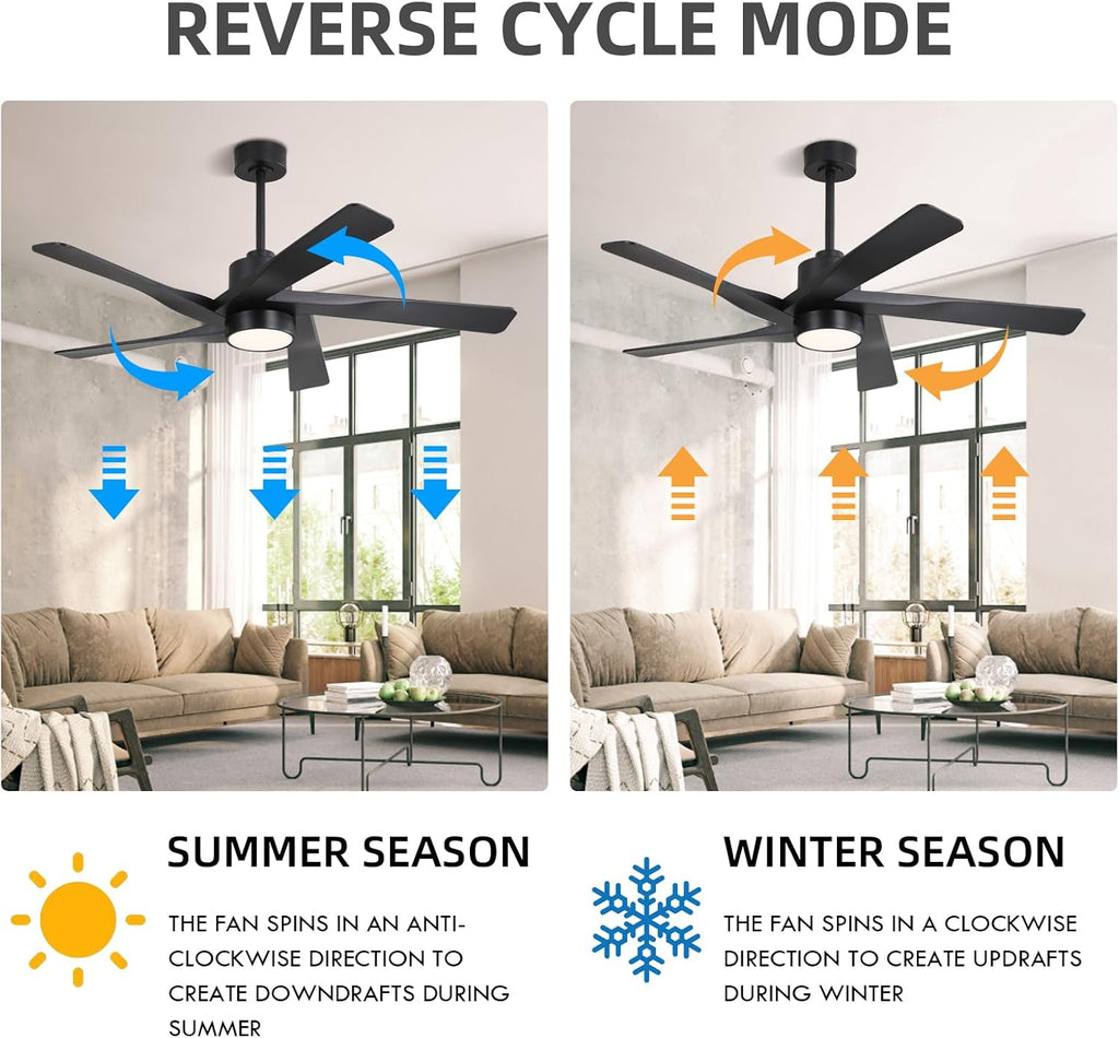 WINGBO 64' ABS DC Ceiling Fan with Lights, 5 Blade ABS Plastic Ceiling Fan with Remote, 6-Speed Reversible DC Motor, LED Ceiling Fans for Kitchen Bedroom Living Room, Matte Black