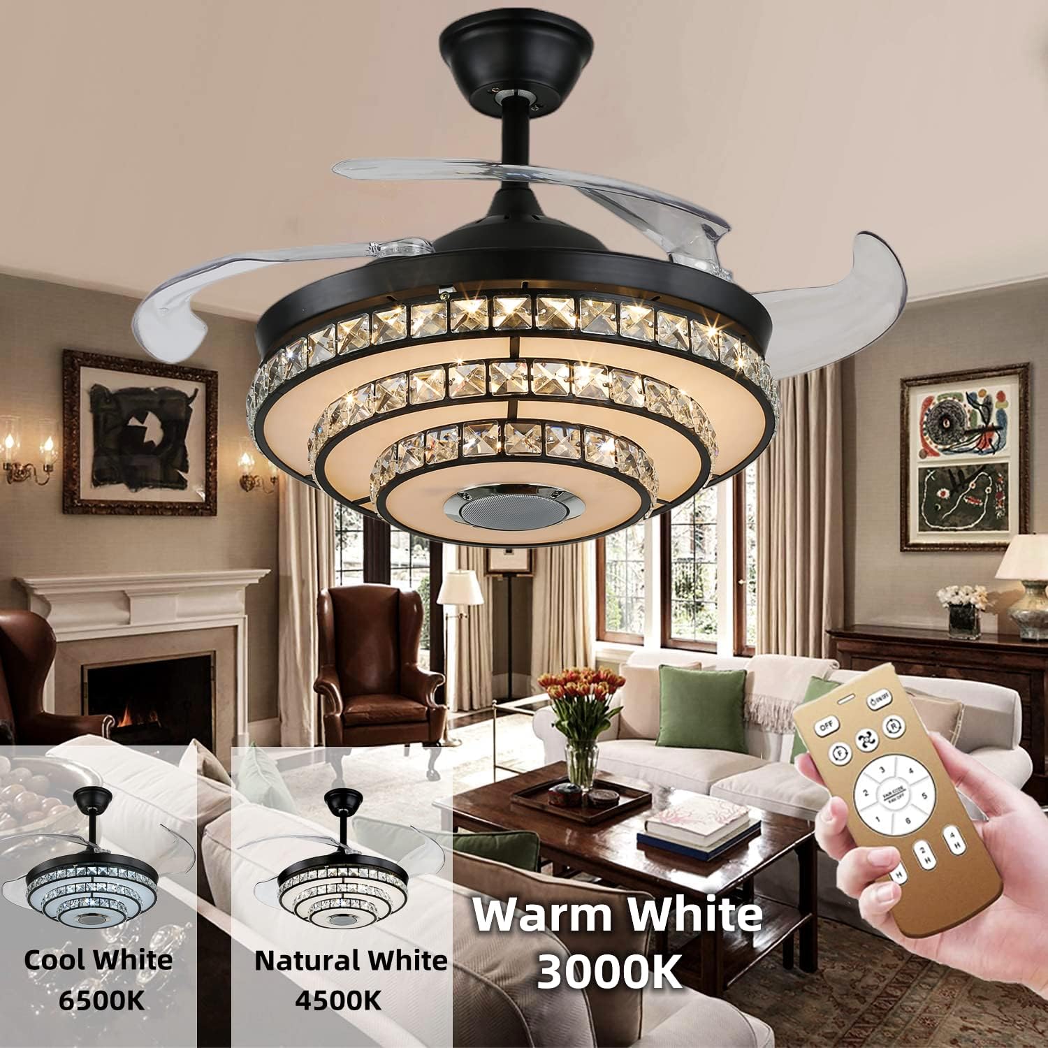 42' Smart Ceiling Fan with Lights and Bluetooth Speaker, Retractable Black Fandelier RGB Color Dimmable LED Crystal Chandelier Fans with Remote Control, Reversible Silent Motor, 6 Speeds
