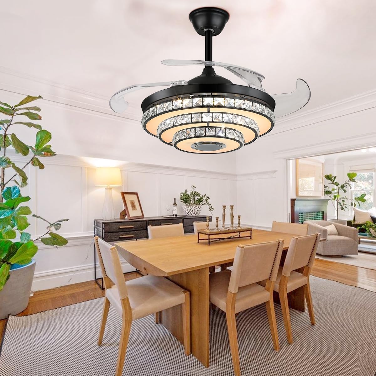 42inch Bluetooth Crystal Ceiling Fan Lights with Music Player and Remote Control Chandelier, Retractable Blades Fandelier with 3 Speed 7 Color Dimmable LED Kit Included