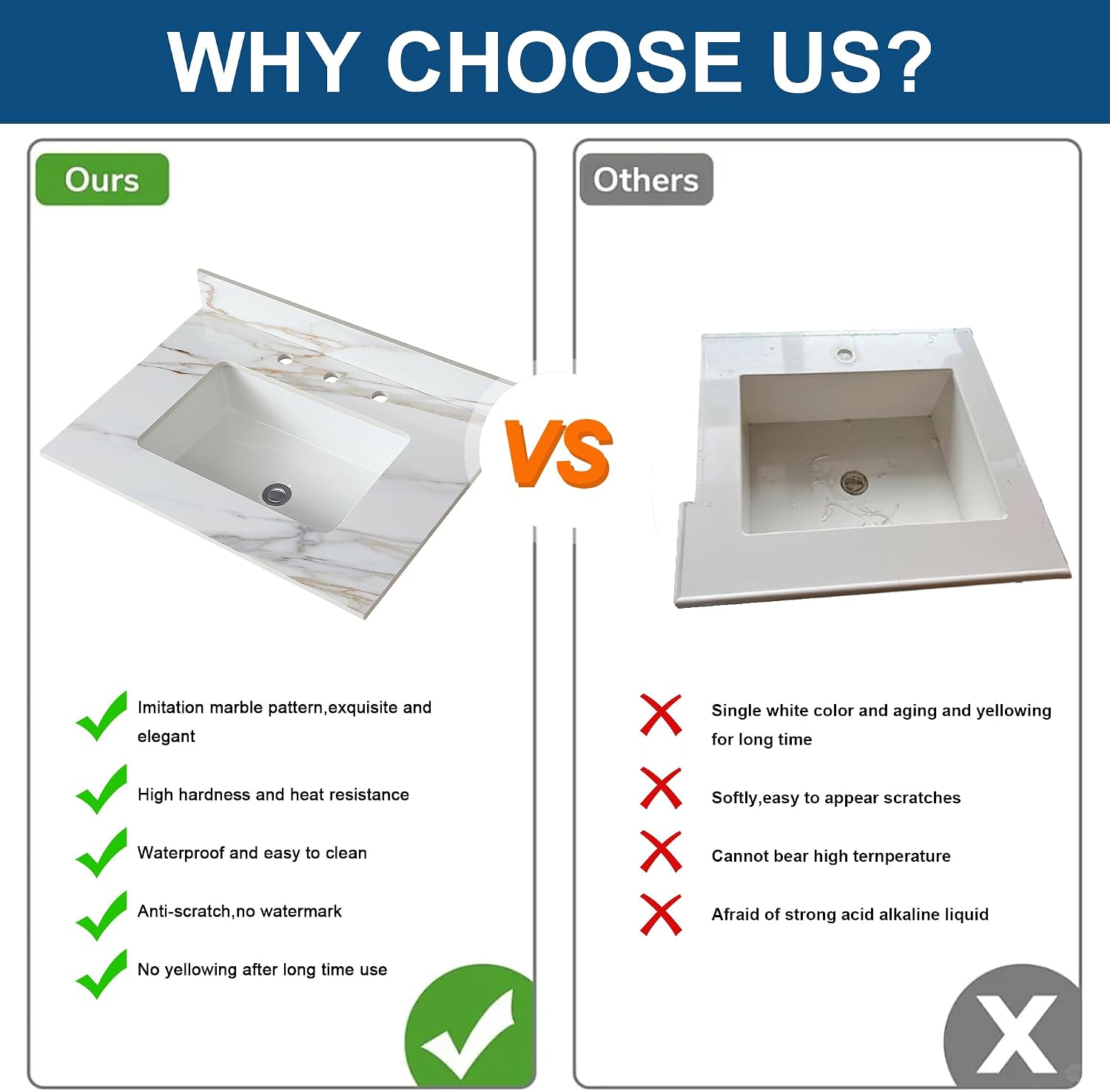 Montary 31'x 22' Bathroom Vanity Sink Top with Rectangular Undermount Ceramic Sink & Backsplash, 3 Pre-Drilled Holes Vanity Top with Safety Overflow Hole