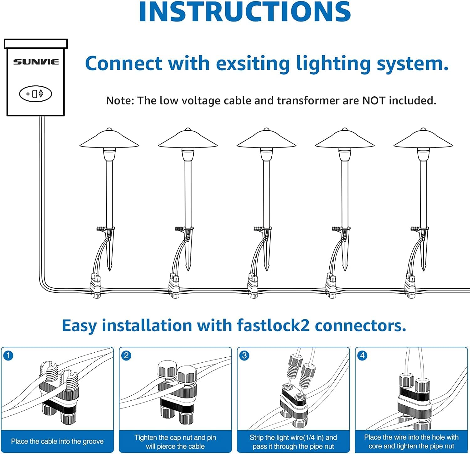 SUNVIE Low Voltage Pathway Lights Wired Path Light Outdoor 3W 12-24V 3000K Waterproof Aluminum LED Landscape Lights with Connector for Garden Walkway Yard - ETL Listed Cord, 8 Pack