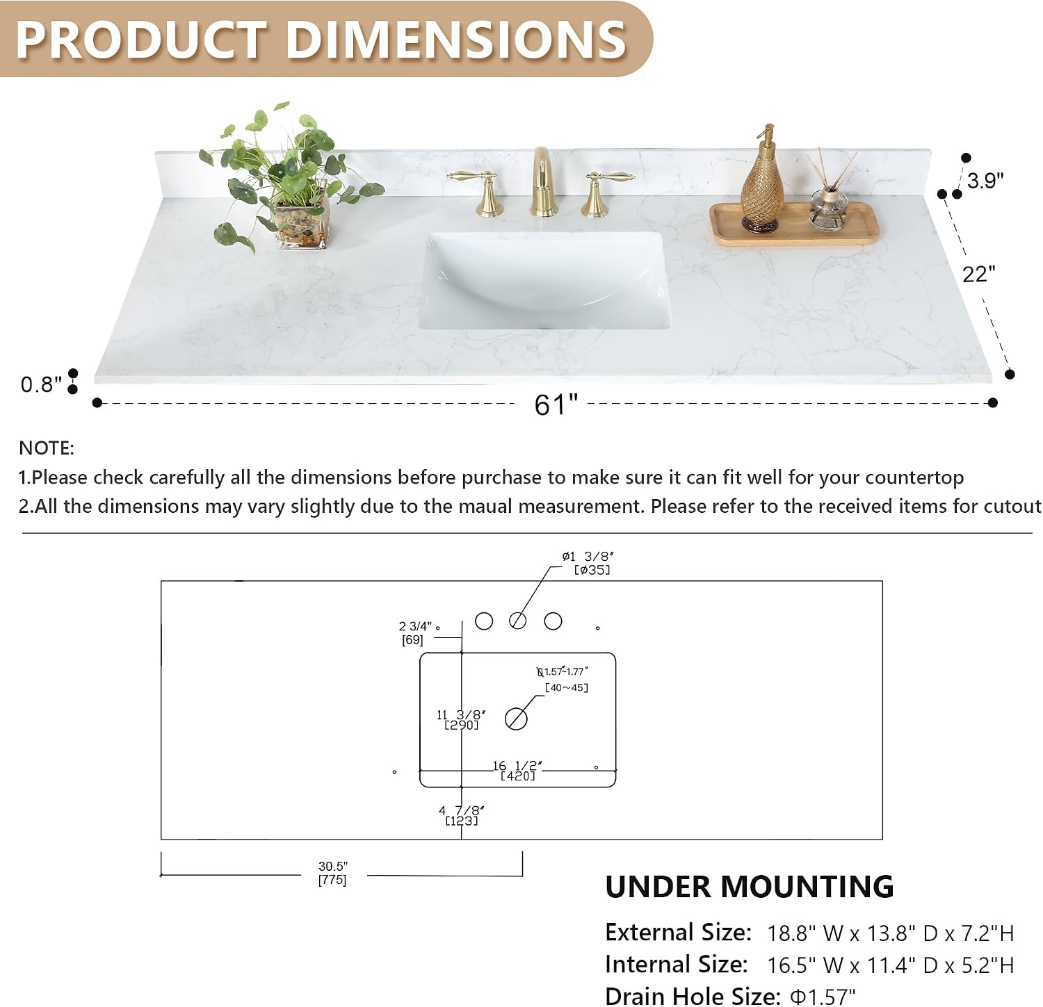 Ceres 61' Engineered Stone Vanity Top in Grain White with Single White Sink