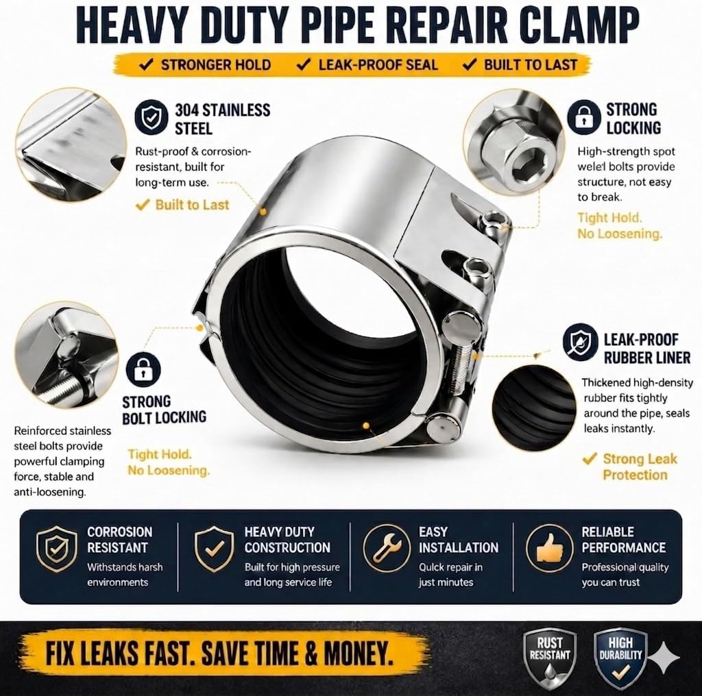 Pipe Repair Clamp，5 inch(138mm-144mm) Stainless Steel Leak Sealer, Heavy Duty Pipe Leak Repair Kit for Metal & PVC Pipes, for Burst & Crack Water Pipe Emergency Maintenance