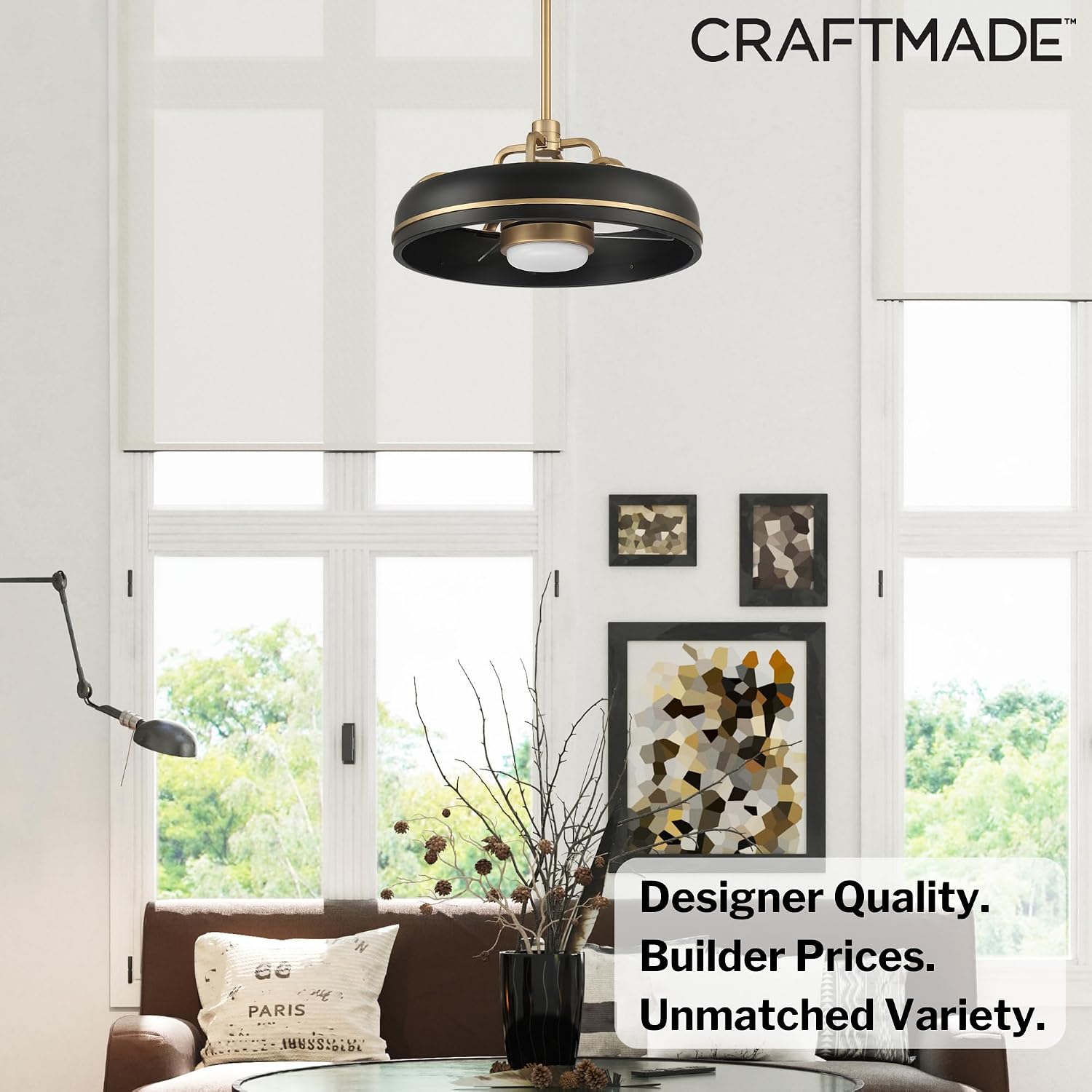 Craftmade TYL24FBSB3-NWF Taylor 24 Inch 3 Blade Indoor Fandelier | Flat Black/Satin Brass Finish with Clear Acrylic Blades | Integrated 1167 Lumens LED 3000K | Remote Included | DC Motor Ceiling Fan