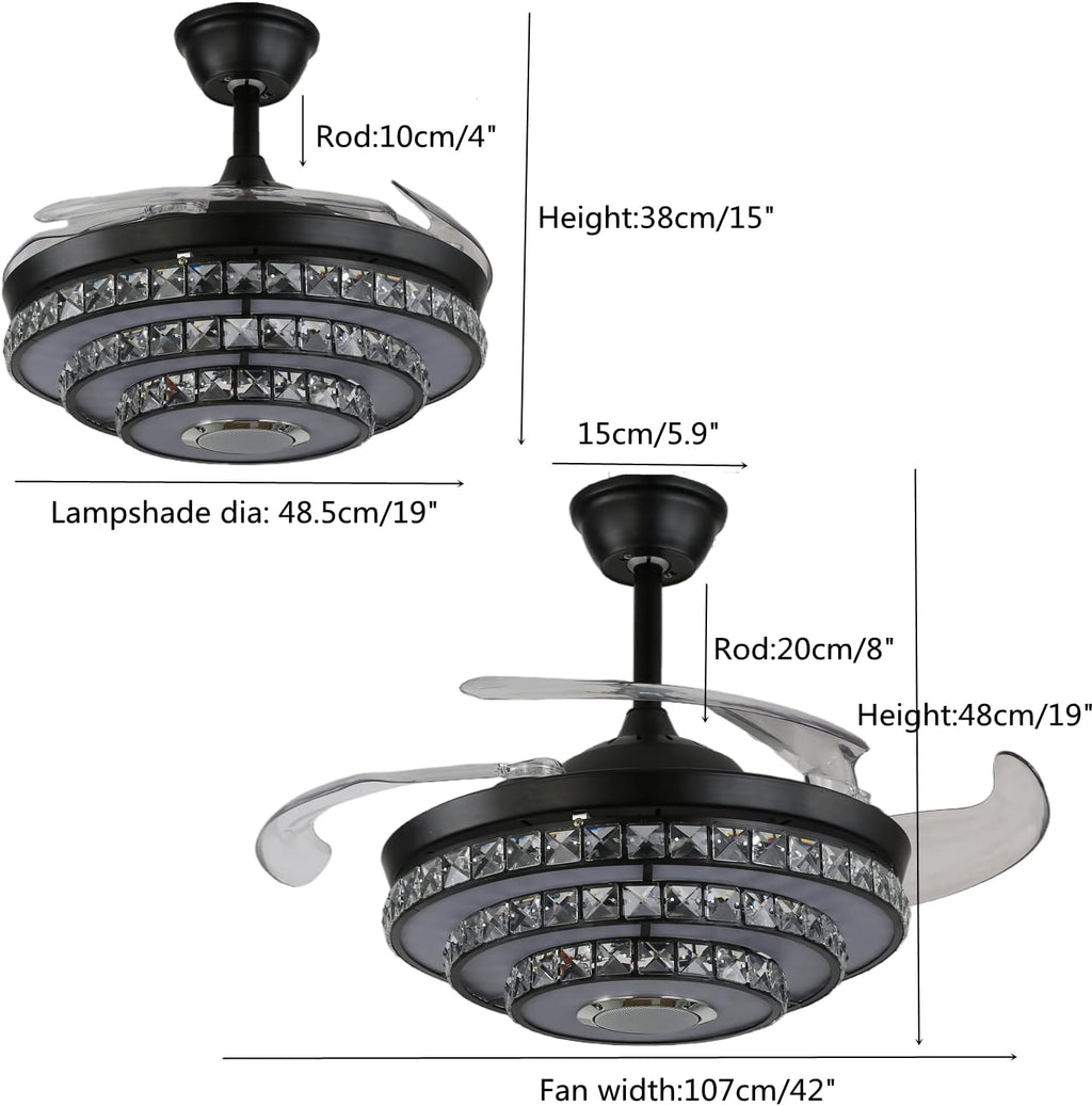 42' Smart Ceiling Fan with Lights and Bluetooth Speaker, Retractable Black Fandelier RGB Color Dimmable LED Crystal Chandelier Fans with Remote Control, Reversible Silent Motor, 6 Speeds