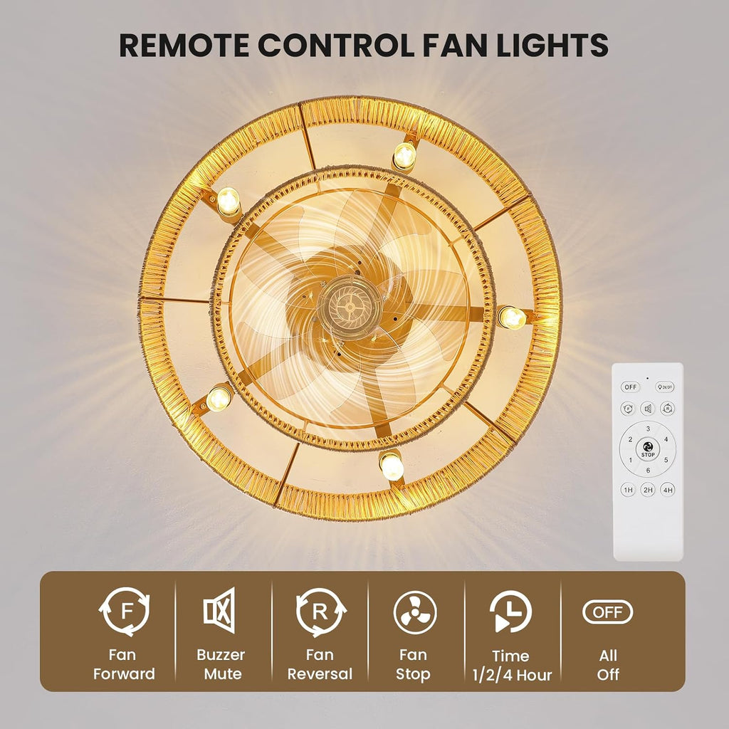RUIYEY Boho Ceiling Fan with Light: 20 inch Low Profile Ceiling Fans with Remote Control, 5 Blades 6 Speeds DC Reversible E12 5 Light Flush Mount Rattan Ceiling Light Fixtures for Bedroom Kitchen