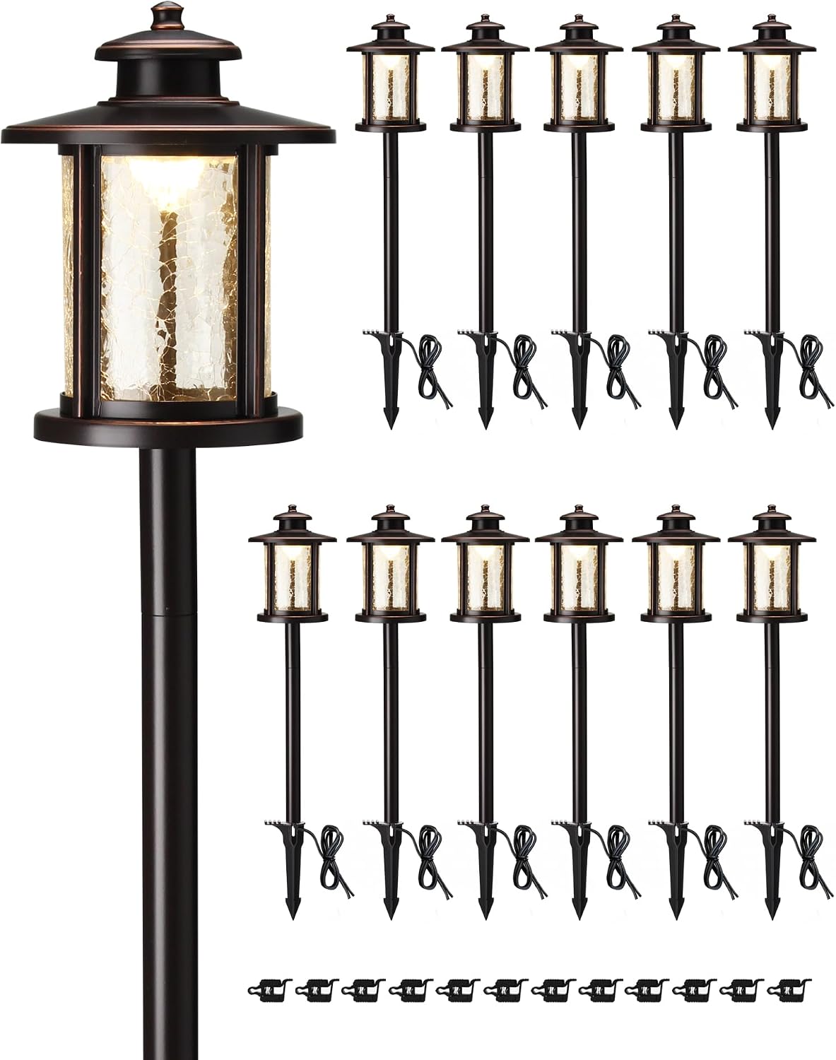 LITFIT Low Voltage Landscape Lighting, 12V 3.4W 155LM 3000K Outdoor Path Lights with Connectors, Crackled Shade, ORB Finish, Waterproof Aluminum LED Walkway Light Wired for Garden Yard, 12 Pack