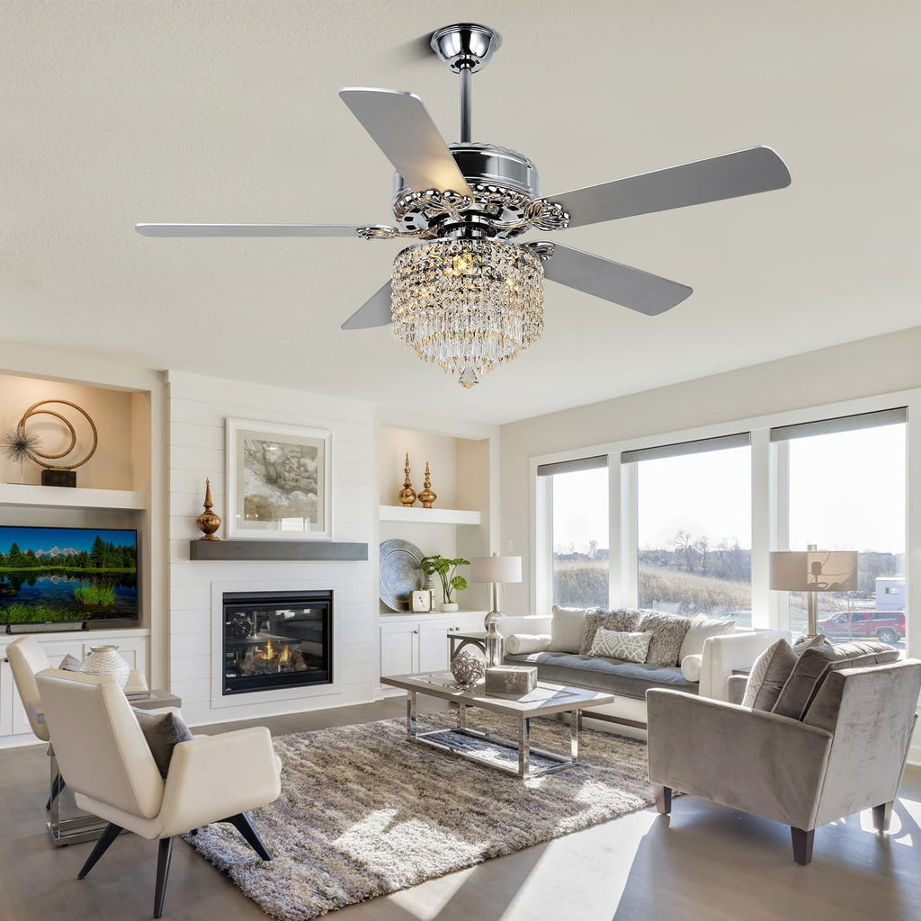 52 Inch Crystal Ceiling Fan with Light and Remote Control, Chrome Modern Chandelier Ceiling Fan Fandelier for Living Room Bedroom