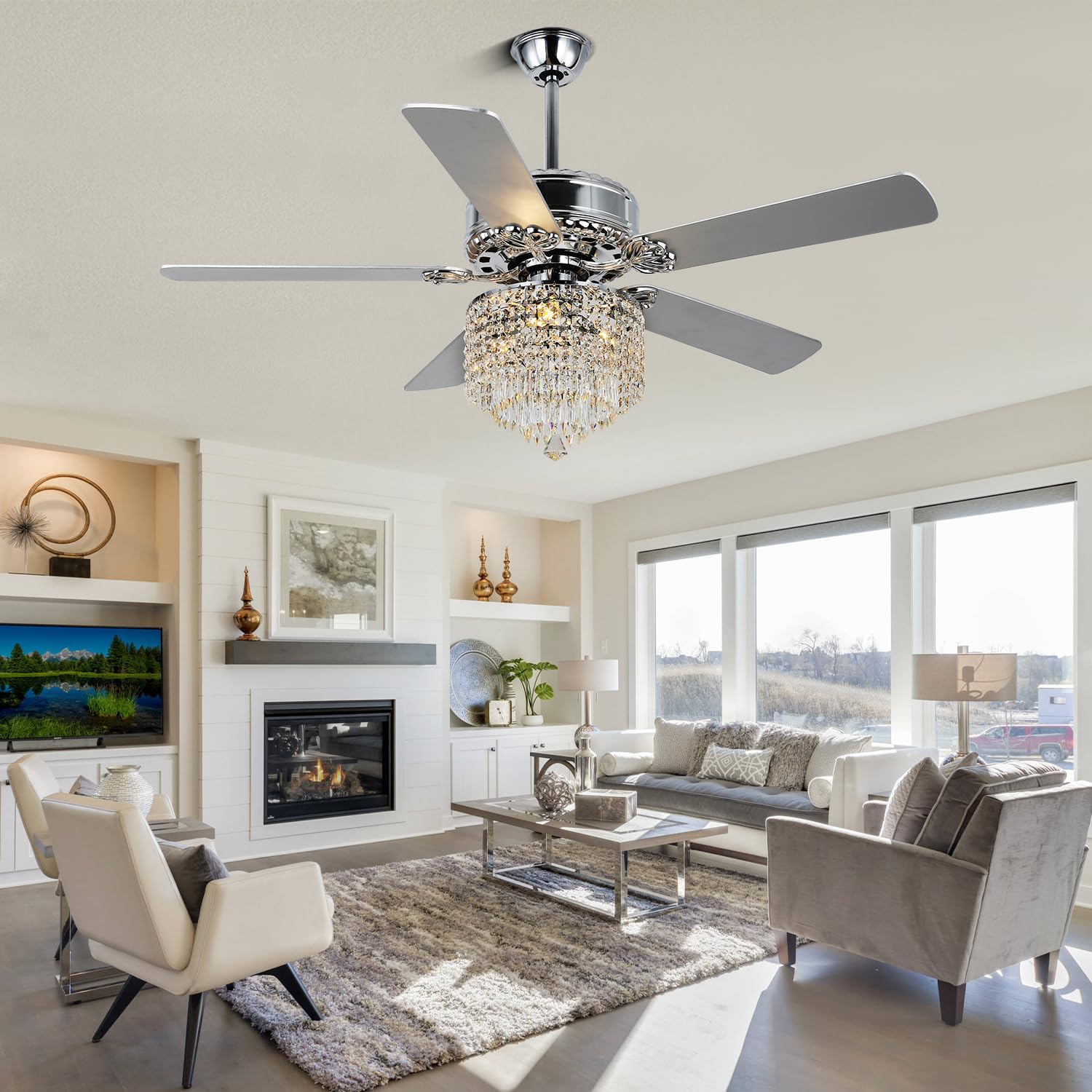 52 Inch Crystal Ceiling Fan with Light and Remote Control, Chrome Modern Chandelier Ceiling Fan Fandelier for Living Room Bedroom