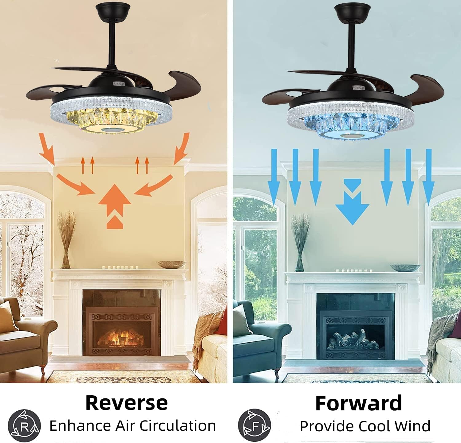 42inch Crystal Ceiling Fan Light with Bluetooth Speaker Reversible 6 Speeds Invisible Chandelier with Remote Control 3 Colors Change LED Light Dimmable Fandelier Music Lighting Fixture