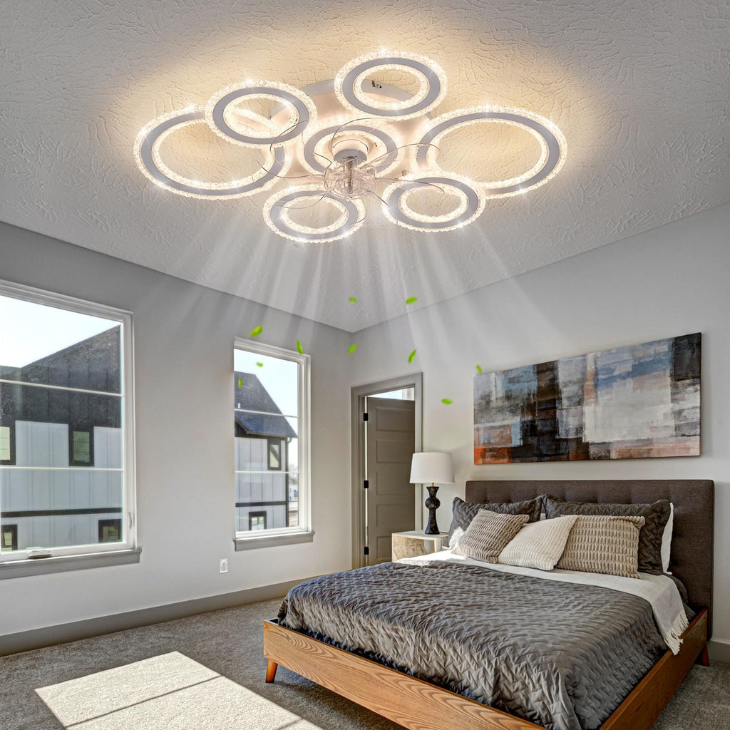 Yfrest Ceiling Fan with Light and Remote, White Low Profile Ceiling Fans with Lights, Flush Mount Ceiling Fan with 3 Light Color 6 Speeds, Fandelier Ceiling Fan for Kitchen Living Room 7-Ring