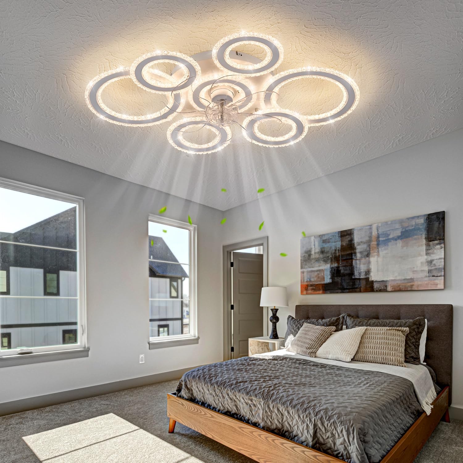 Yfrest Ceiling Fan with Light and Remote, White Low Profile Ceiling Fans with Lights, Flush Mount Ceiling Fan with 3 Light Color 6 Speeds, Fandelier Ceiling Fan for Kitchen Living Room 7-Ring