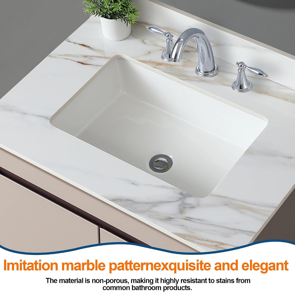 Montary 31'x 22' Bathroom Vanity Sink Top with Rectangular Undermount Ceramic Sink & Backsplash, 3 Pre-Drilled Holes Vanity Top with Safety Overflow Hole