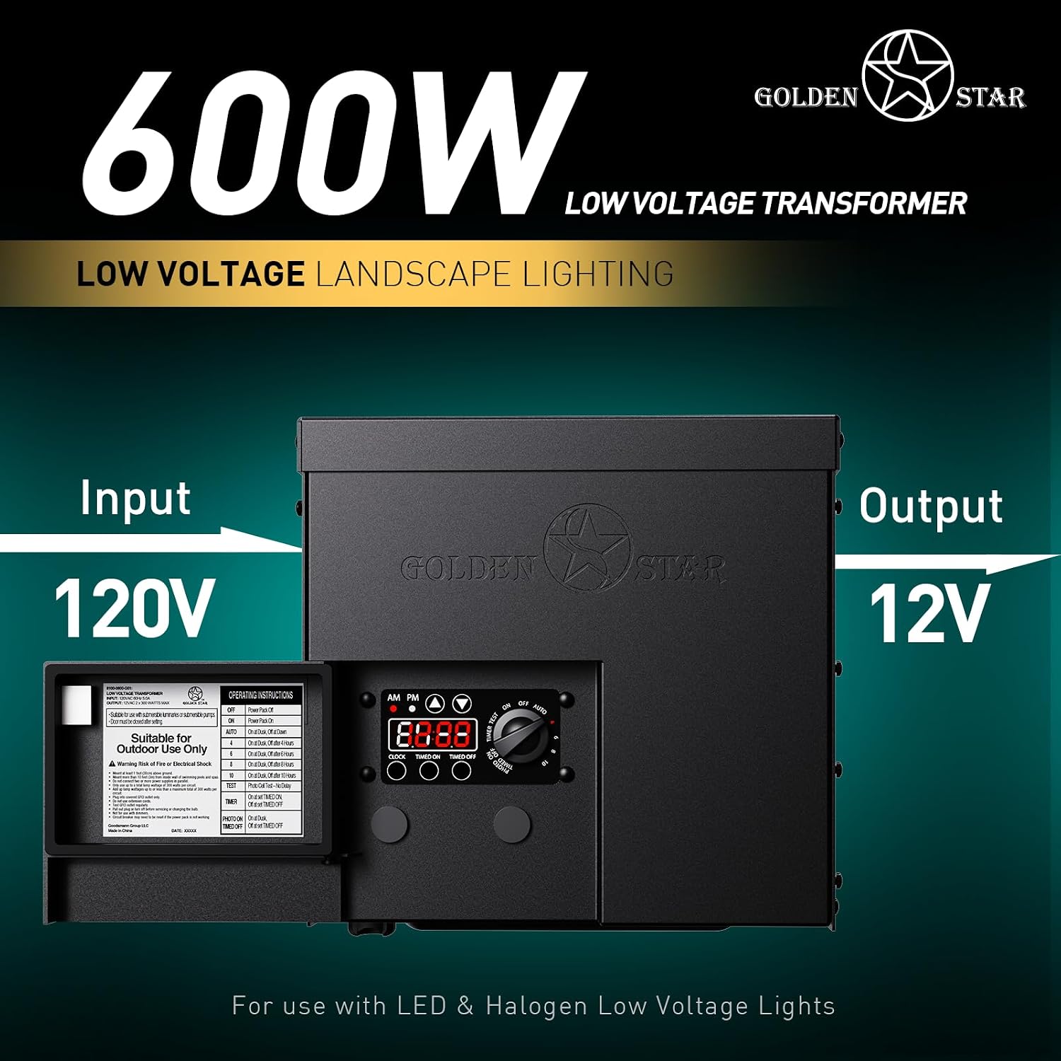 GOLDEN STAR 600W Low Voltage Transformer Outdoor Landscape Power Pack 120V AC to 12V&14V AC with Sensor and Weather Shield for LED Landscape Lighting, Spotlight, Pathway Light, ETL Listed