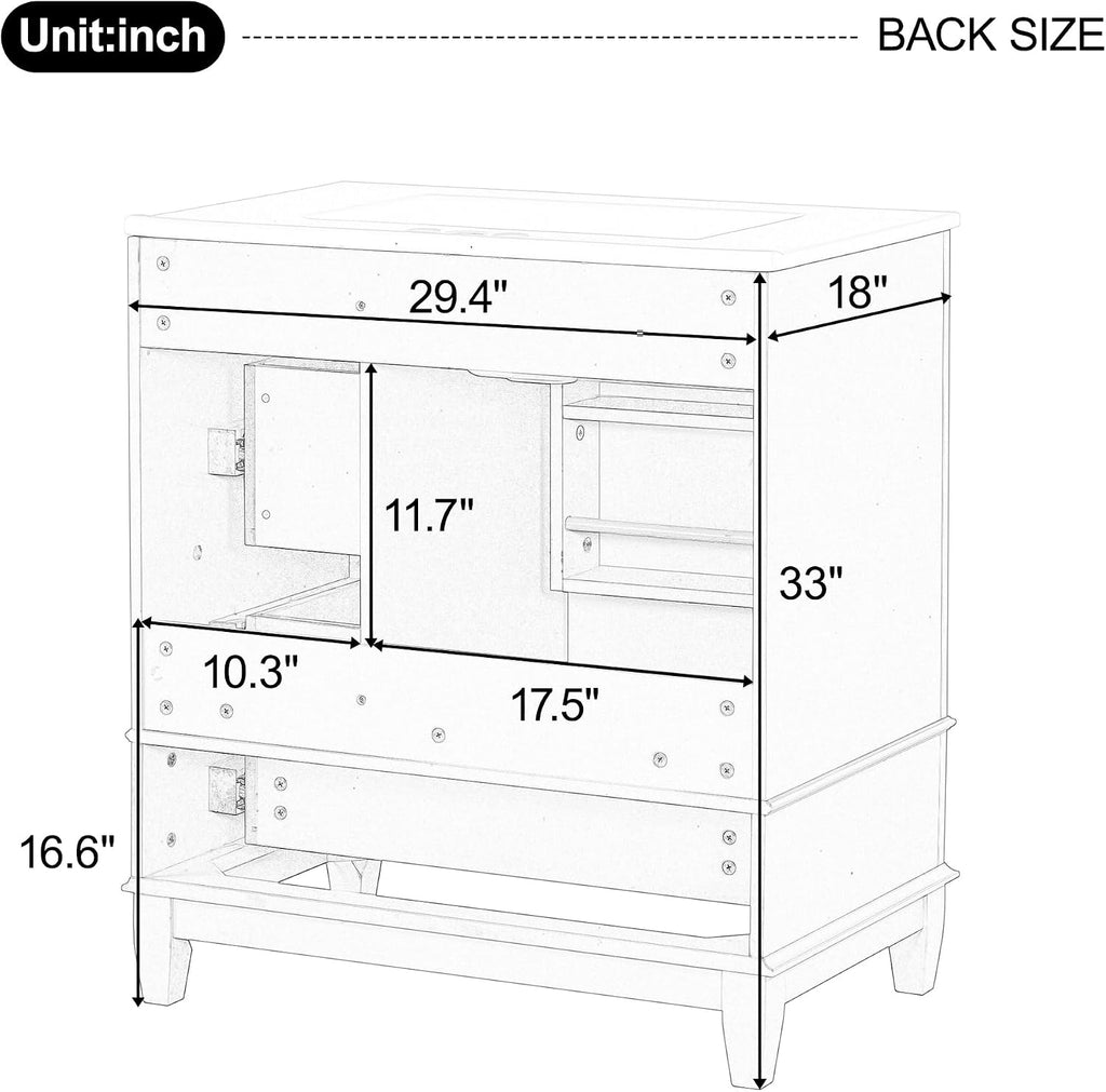 30' Modern Freestanding Bathroom Vanity with Ceramic Sink Top, 3 Drawers & Storage Shelves - MDF & Solid Wood Base