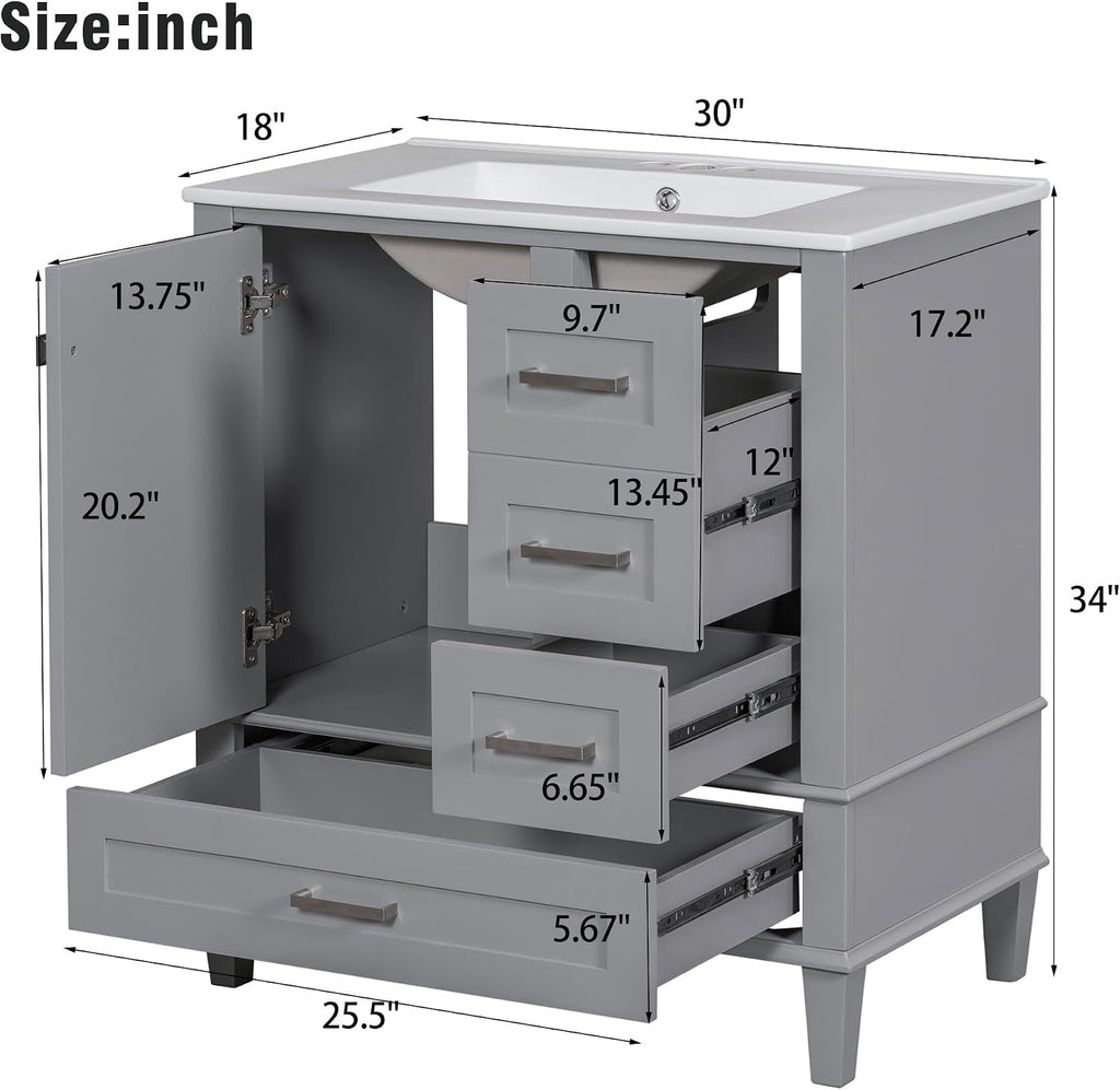 Mirightone 30' Bathroom Vanity with Sink, 30 Inch Bathroom Vanity with Top, 3 Drawers and 1 Soft Closing Door, Modern Bathroom Vanity with Sink 30 Inch for Bathroom (Grey)