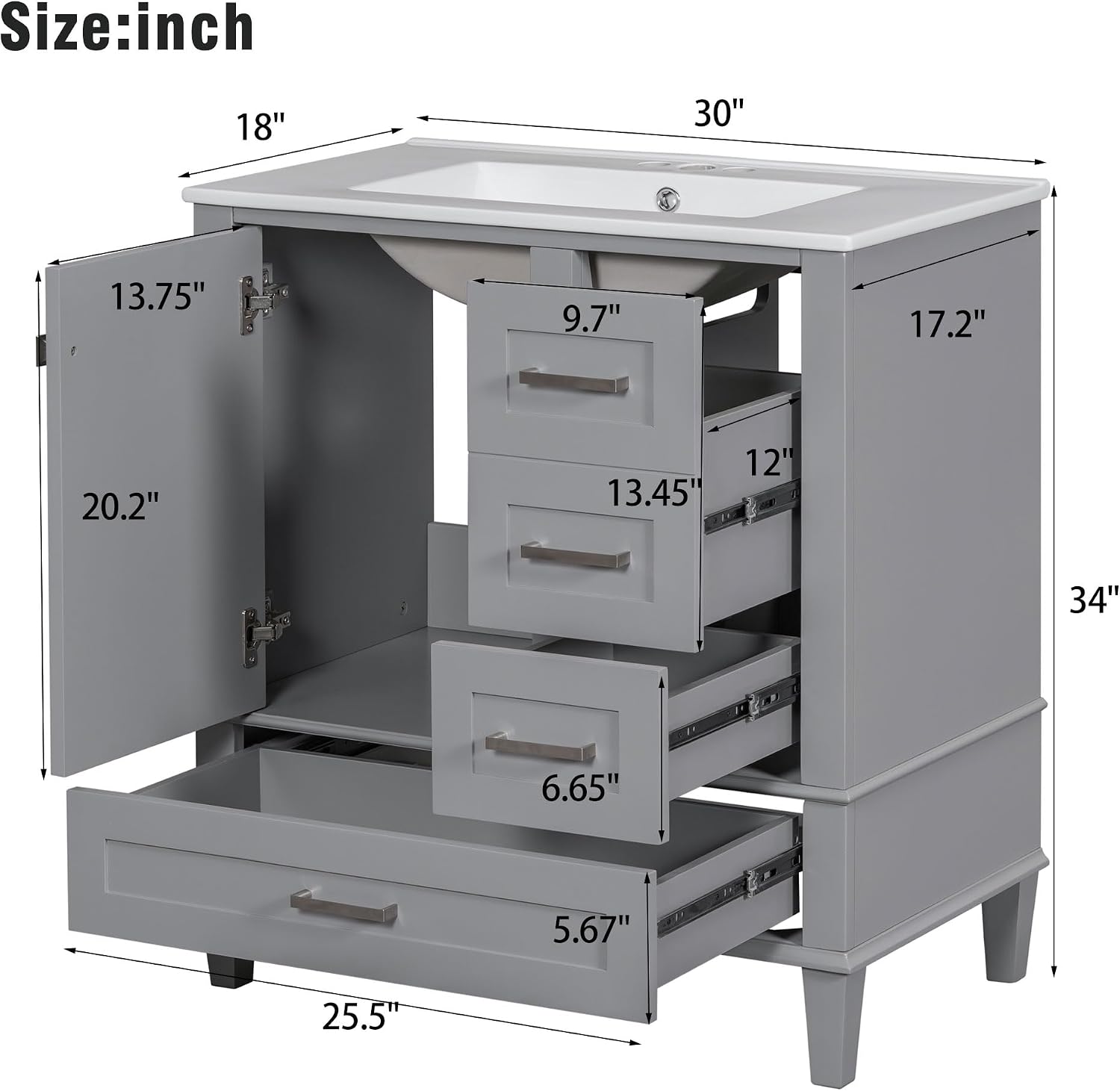 Mirightone 30' Bathroom Vanity with Sink, 30 Inch Bathroom Vanity with Top, 3 Drawers and 1 Soft Closing Door, Modern Bathroom Vanity with Sink 30 Inch for Bathroom (Grey)