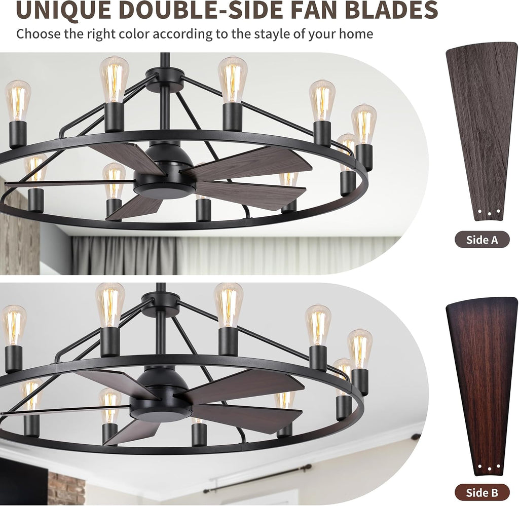 44' Wagon Wheel Chandelier with Fans, Black Farmhouse Ceiling Fan with Light and Remote, Rustic Large Fandelier for Living Room, Adjustable Height, Farmhouse Chandelier Light Fixtures