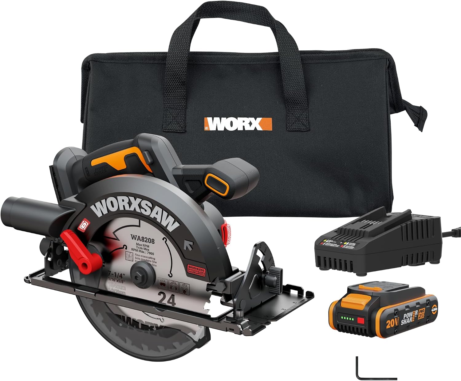 WORX Cordless Circular Saw, 20V 7-1/4-Inch Blade Brushless Circular Saw, Powerful and Faster Cutting with up to 6,100 RPM, Ultra-lightweight Design, 20V 4.0 Ah Battery and Charger Included, PowerShare