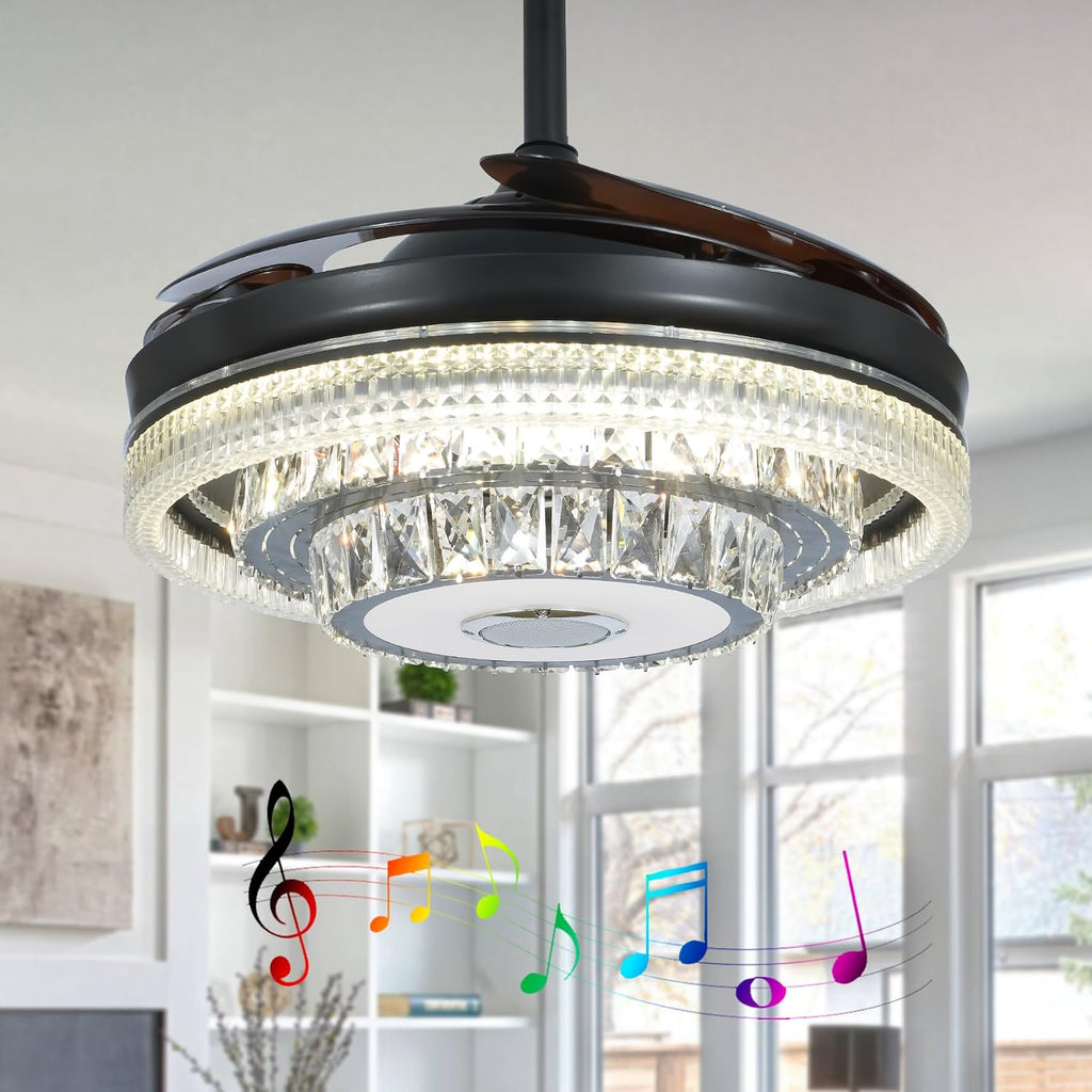 42' Bluetooth Crystal Fandelier Ceiling Fan with Light Music Speaker Dimmable RGB LED, Modern Black Reversible Chandelier Ceiling Fan Remote Control Retractable Blades for Living Room
