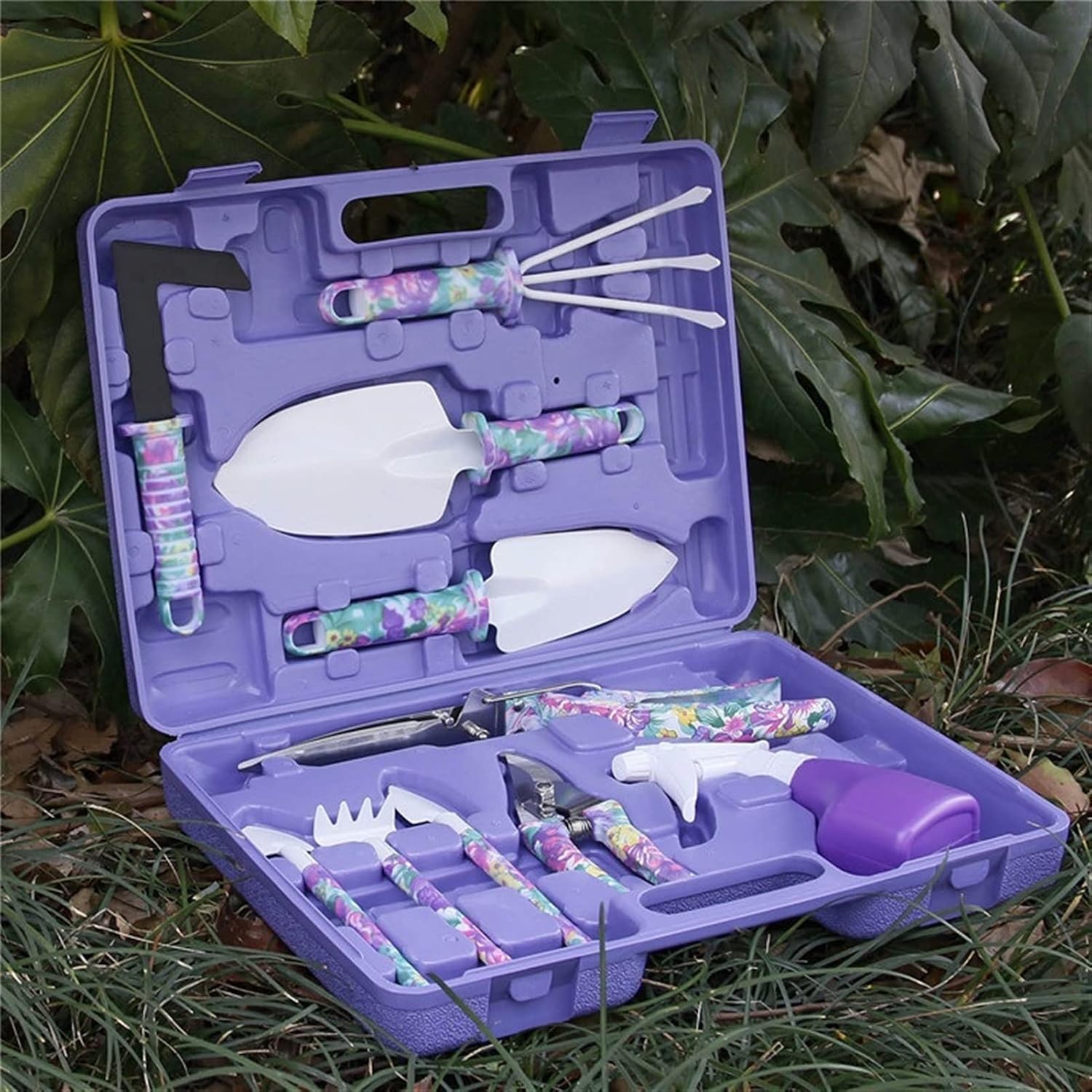 Garden Tools Set, 10 Pieces Gardening Tools, Garden Hand Tools with Purple Floral Print Ergonomic Handle & Carrying Case (Color : Green)