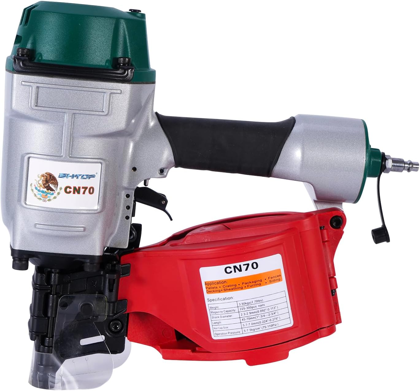 Mexican Style CN70 Coil Siding Nail Gun, 15 Degree Pneumatic Siding Nailer, 1-3/4' to 2-3/4' Coil Siding Nailer for Siding Sheathing Wooding Fencing Decking