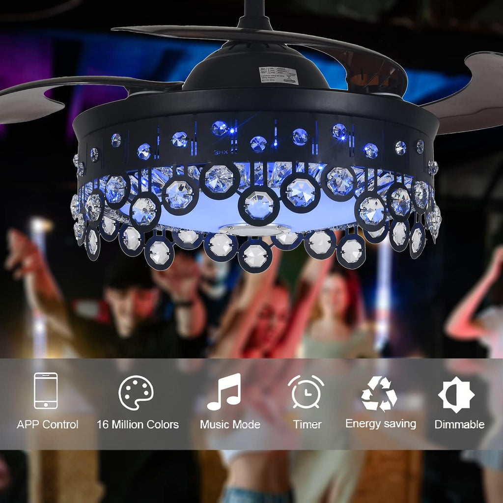 Fandian Retractable Ceiling Fan with Light, Modern 42' Bluetooth Speaker Dimmable Tunable 7 Color Lighting Black Chandelier Ceiling Fan Fandelier with Remote Control for Living Bedroom