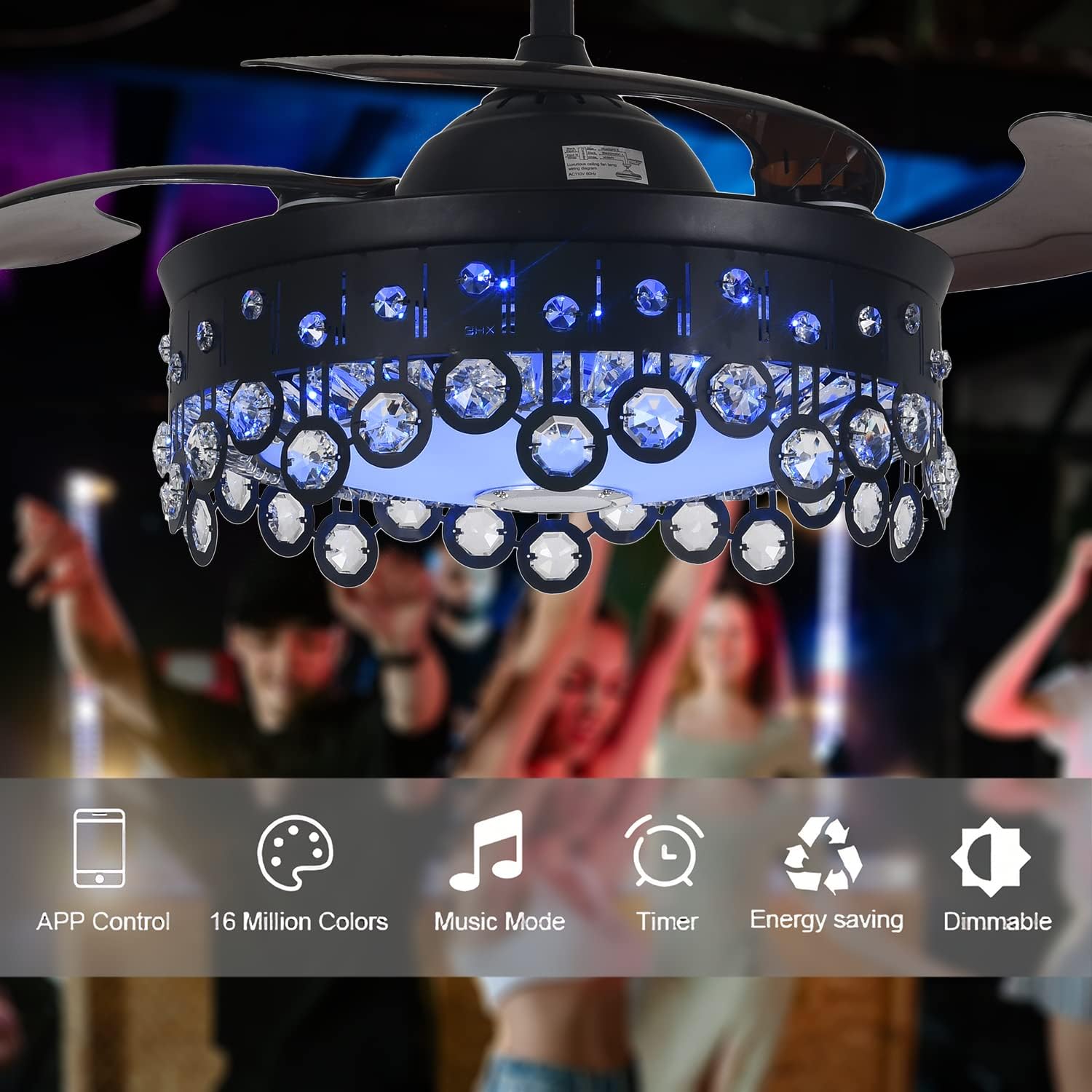 Fandian Retractable Ceiling Fan with Light, Modern 42' Bluetooth Speaker Dimmable Tunable 7 Color Lighting Black Chandelier Ceiling Fan Fandelier with Remote Control for Living Bedroom