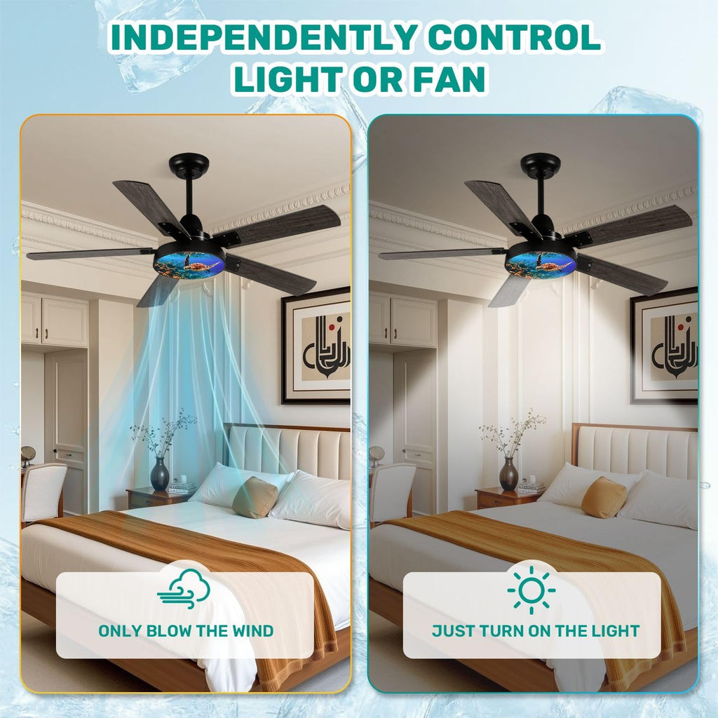 Modern Ceiling Fans with Lights Remote, Sea turtle swims under water coral reefs 42 Inch Ceiling Fan for Bedroom Living Room Farmhouse, 6 Speed Reversible Quiet Motor