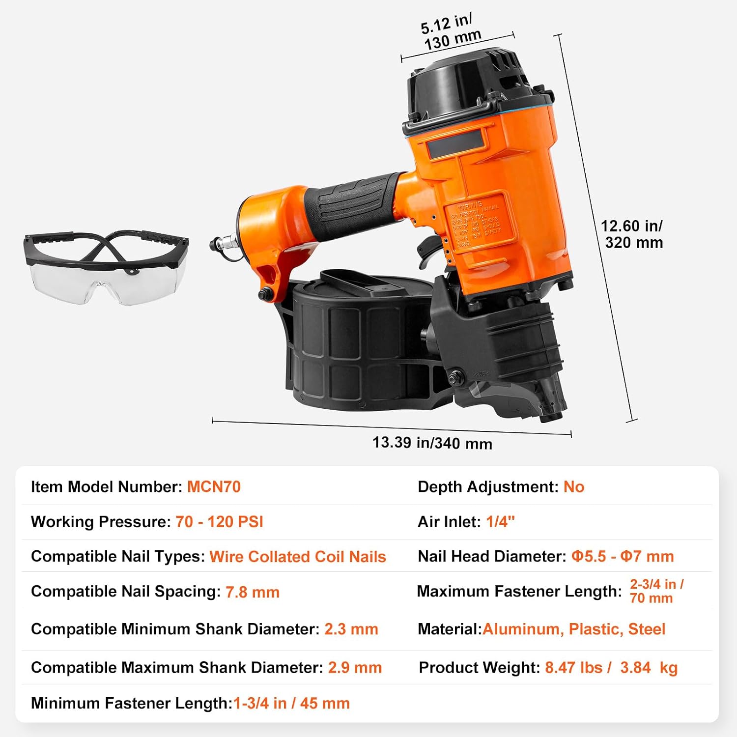 Happybuy Coil Siding Nailer MCN70, 1-3/4' to 2-3/4' 15 Degree Pneumatic Siding Nail Gun, 70-120PSI Air Coil Nailer for Pallet, Crating, Framing, Siding and Fencing