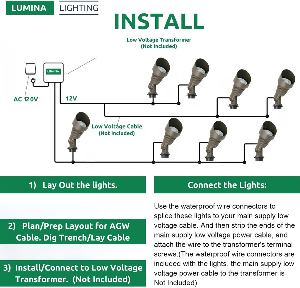 Lumina Lighting® 4W Landscape lighting 12V Landscape Lights Low Voltage Landscape Spotlights Warm White Waterproof Outdoor Replaceable LED Bulb for Garden, Lawn, Porch, Patio and Yard (Bronze, 6-Pack)