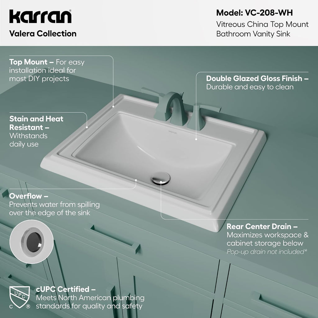 Karran Valera Top-Mount Bathroom Sink – Deep Rectangular Vitreous China Drop-In Vanity Basin in White with Overflow – VC-208-WH