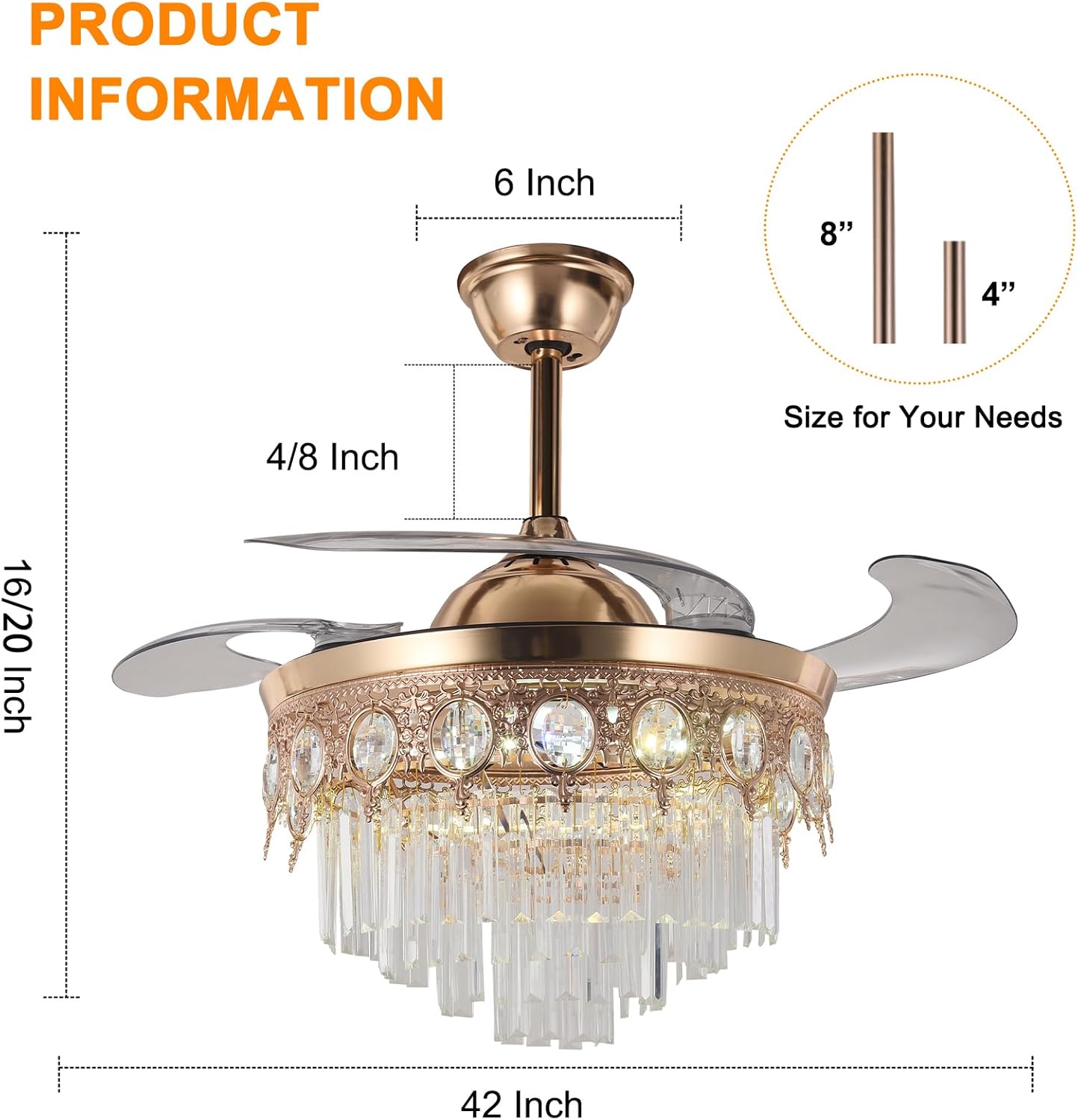 42' Gold Retractable Ceiling Fan with Lights, Luxury Gold Crystal Chandelier Fan 6 Speeds 3 Colors Modern Ceiling Fan for Living Room