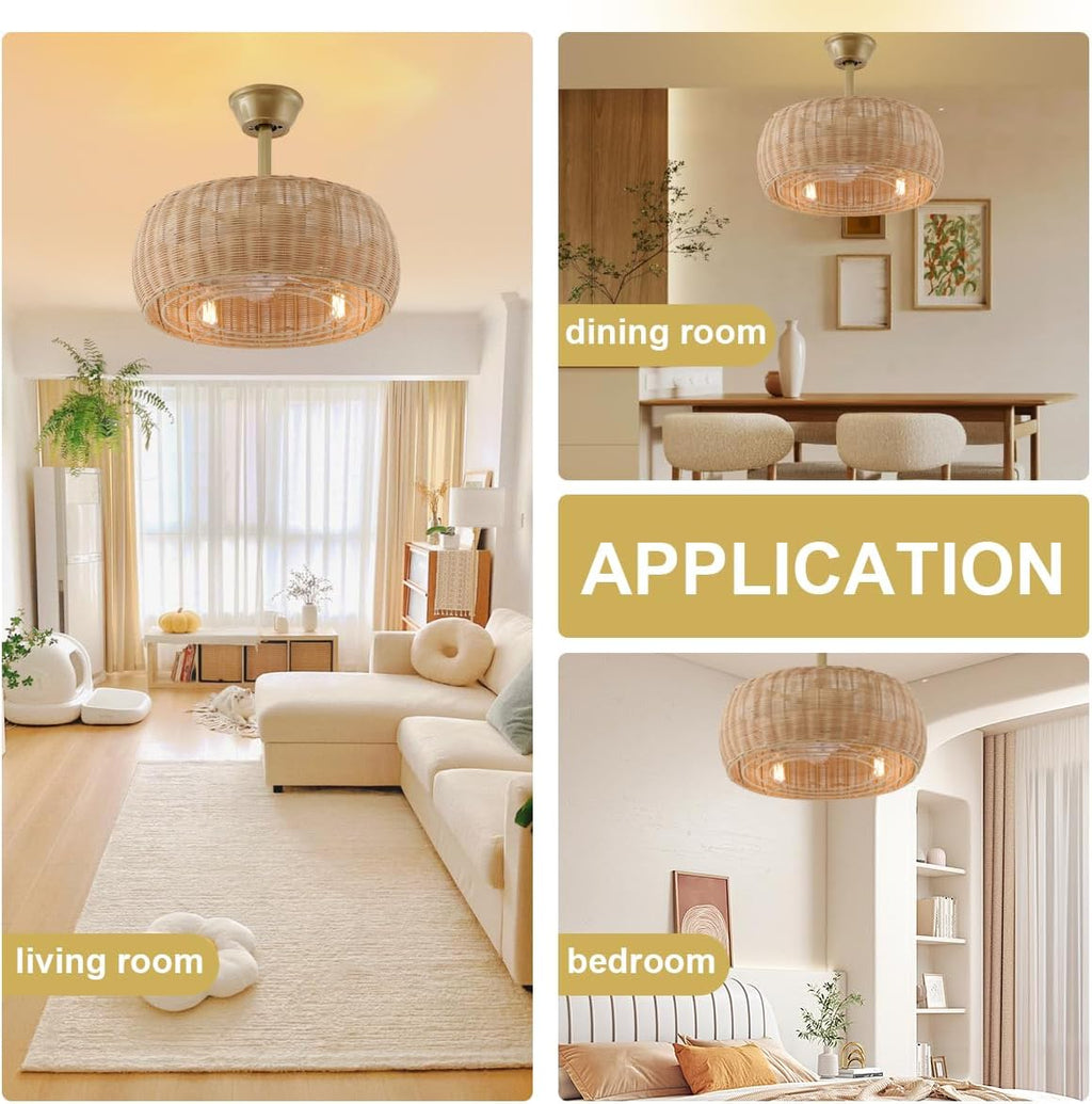 18.1' Rattan Caged Ceiling Fan with Lights 4-Light Beige Fandelier with Light Boho Bamboo Chandelier Fan with Light Reversible Motor, Remote Wicker Pendant Light with Fan for Bedroom Living Room