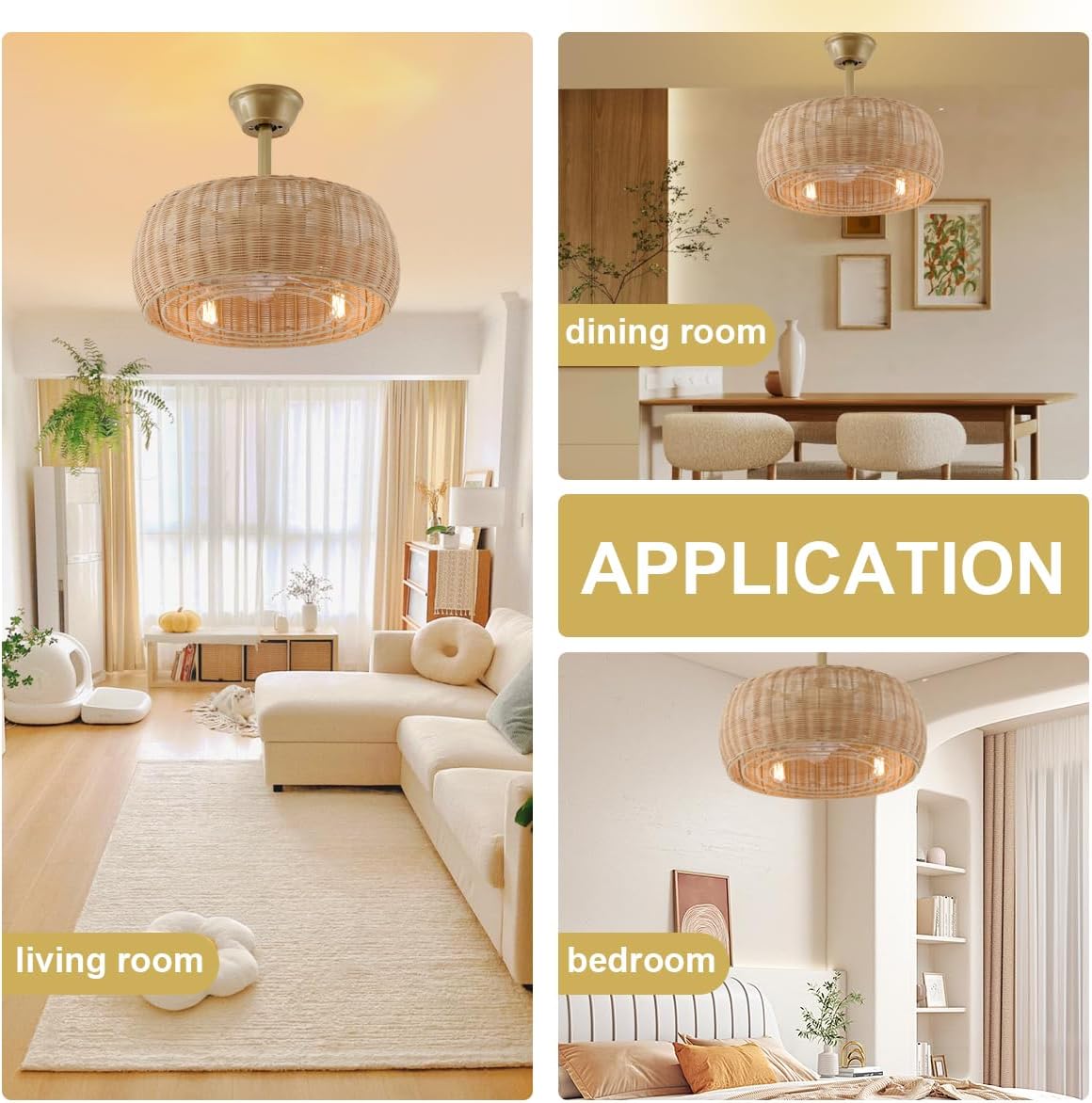 18.1' Rattan Caged Ceiling Fan with Lights 4-Light Beige Fandelier with Light Boho Bamboo Chandelier Fan with Light Reversible Motor, Remote Wicker Pendant Light with Fan for Bedroom Living Room
