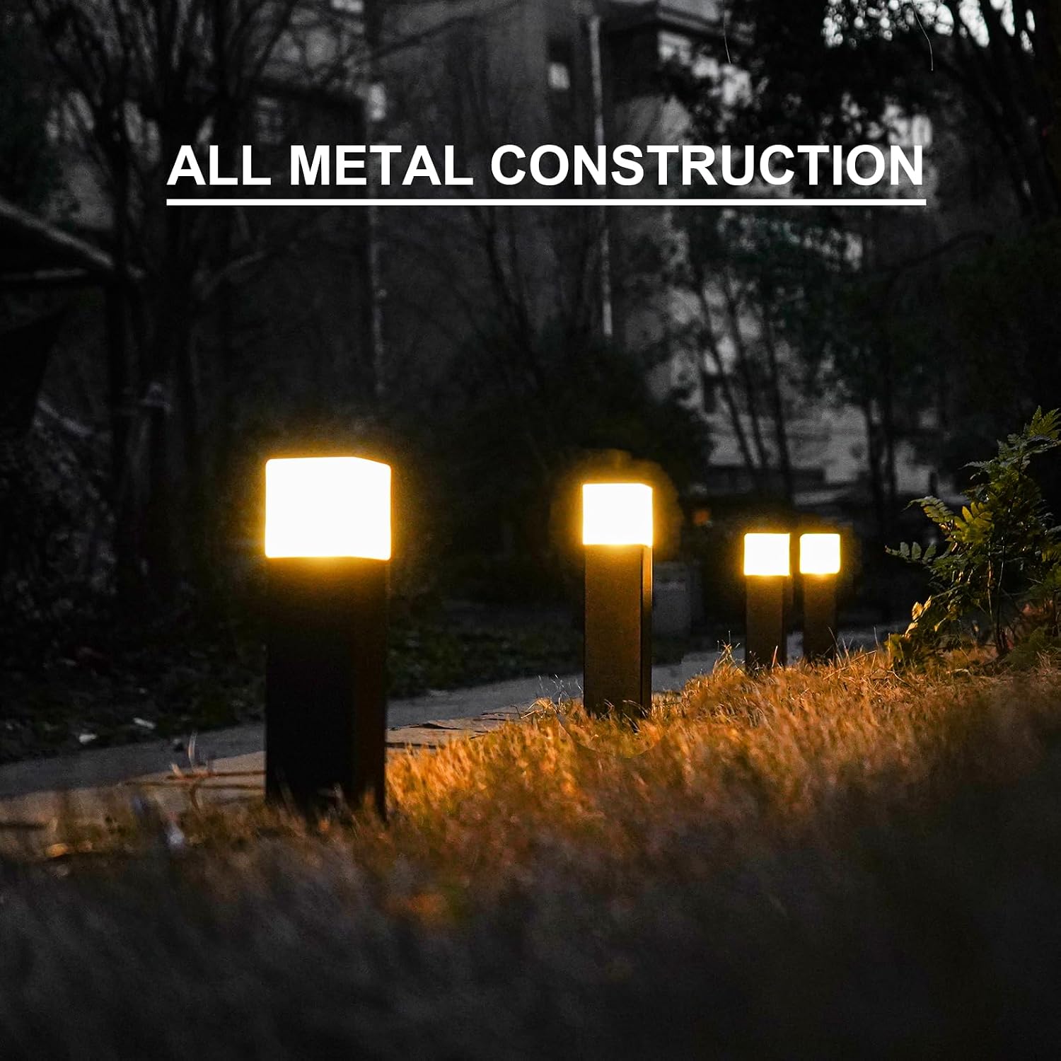 GOODSMANN Low Voltage Pathway Lighting 8PK Bollard Landscape Lights Kits 2W 2700K Warm White LED Wired Path Light 100 Lumens Outdoor Metal Brown Finish Walkway Driveway Light with Connector Stake