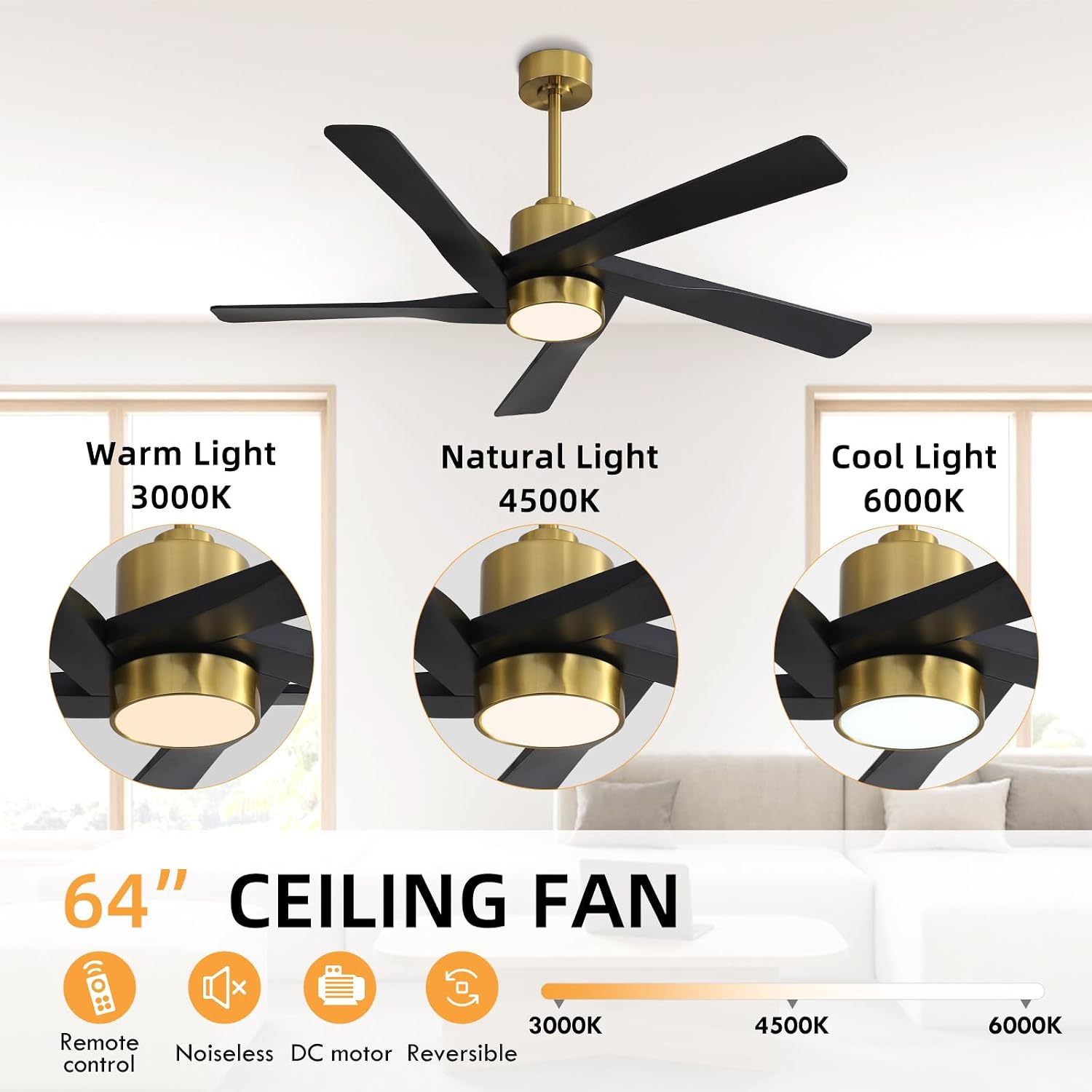 WINGBO 64' ABS DC Ceiling Fan with Lights, 5 Blade ABS Plastic Ceiling Fan with Remote, 6-Speed Reversible DC Motor, LED Ceiling Fans for Kitchen Bedroom Living Room, Brass and Matte Black