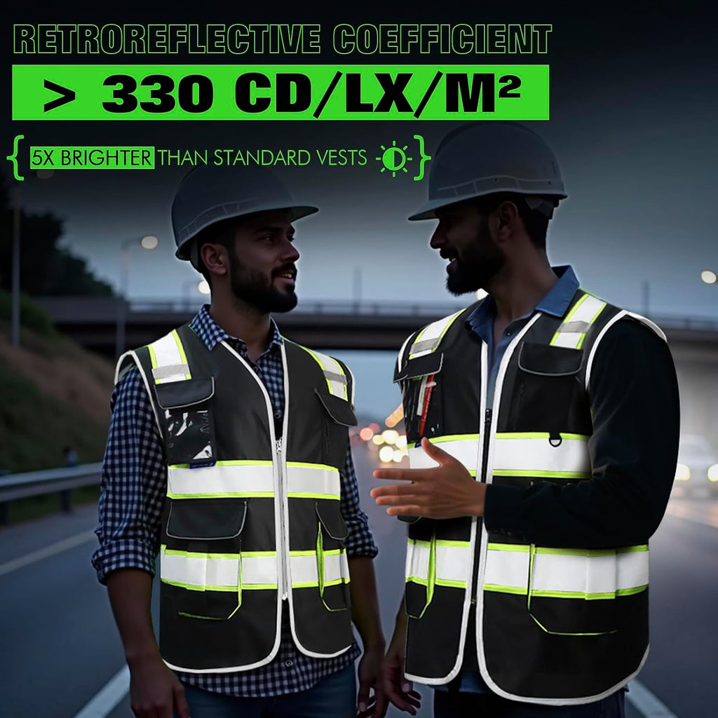 BeautyWill ANSI Certified Custom Logo Safety Vest 8-Pockets Class2 High Visibility Reflective Vest for Men - Personalized Logo Heavy-Duty Work Vest（Black，5Pack，L）