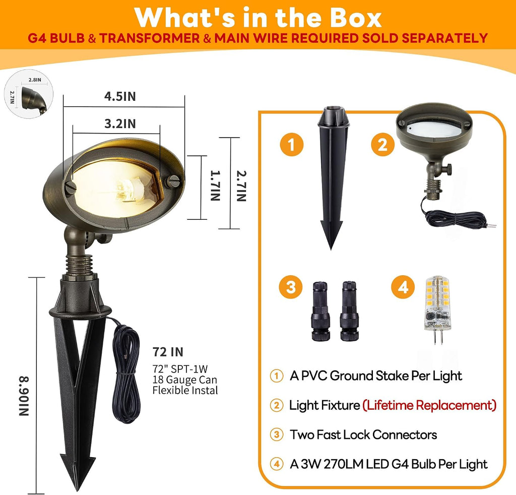Gardenreet LED Wall Wash Lights - Landscaping Brass Low Voltage Flood Lights, 12V Hardwired Waterproof Outdoor, Wide Angle Lighting for Yard Wall House with 2700K 3W 270LM Replaceable G4 Bulb 8 Pack