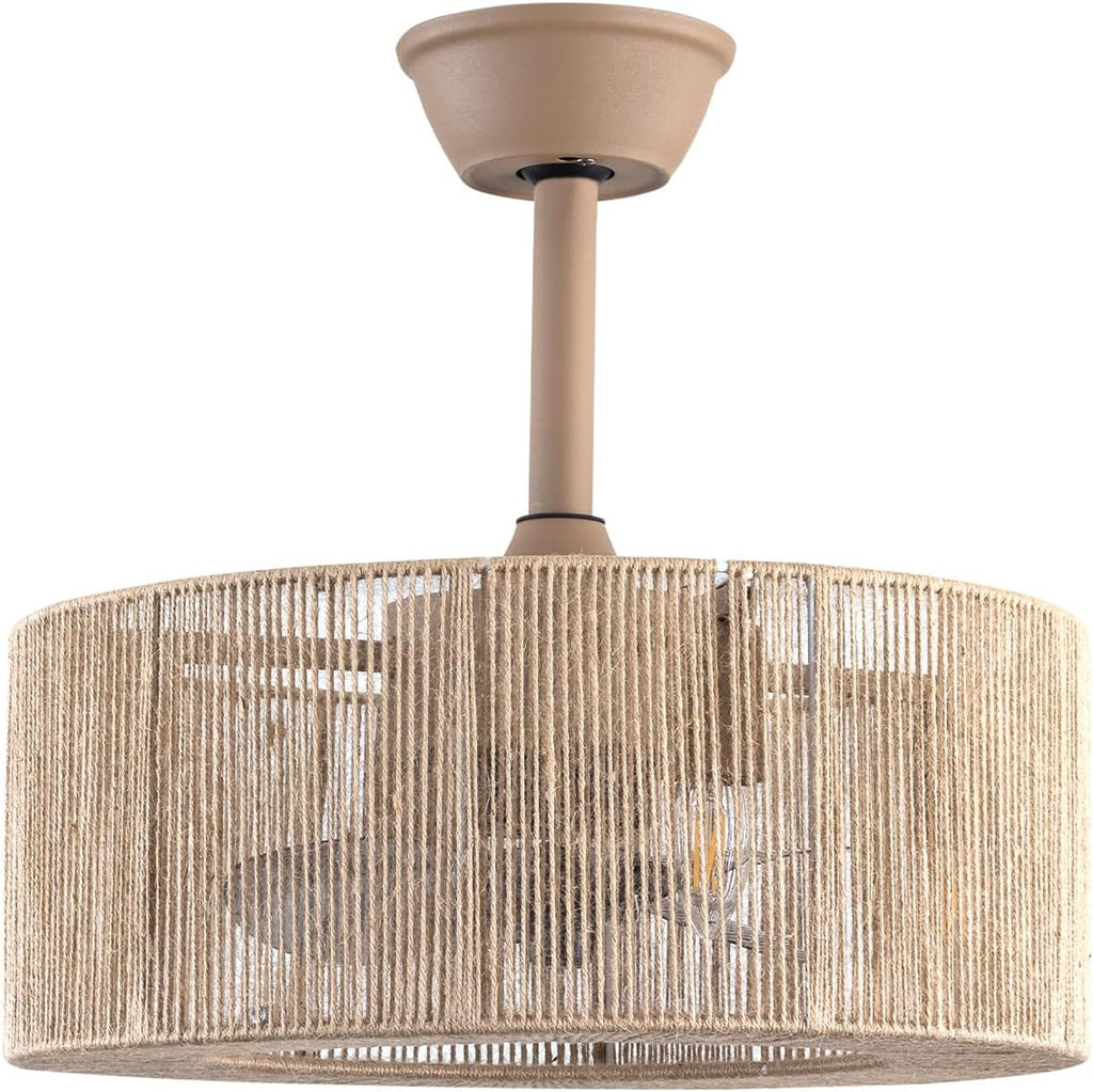 LOYALHEARTDY Boho Ceiling Fan With Light and Remote 18'' 3-speed Fringe Tassel Caged Ceiling Fan Modern Downrod Mount Bladeless Ceiling Fan Kids Fan, Hemp Rope Fringe Tassel Lampshade (FG87GRWEOUERR)