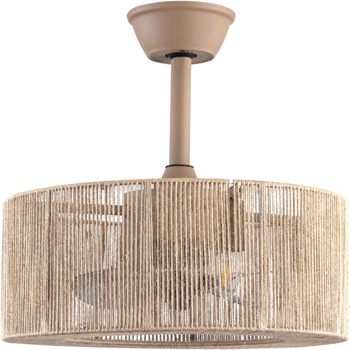 LOYALHEARTDY Boho Ceiling Fan With Light and Remote 18'' 3-speed Fringe Tassel Caged Ceiling Fan Modern Downrod Mount Bladeless Ceiling Fan Kids Fan, Hemp Rope Fringe Tassel Lampshade (FG87GRWEOUERR)