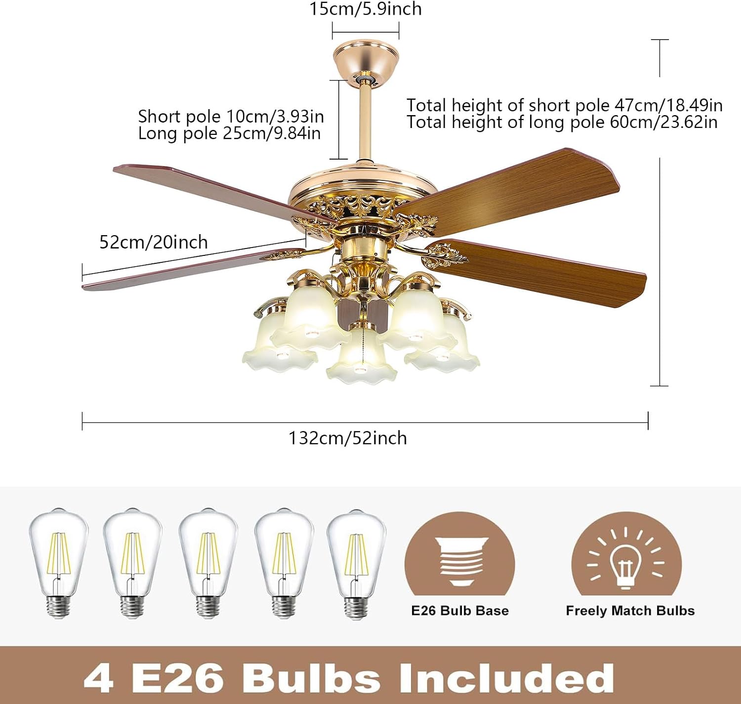 52 Inch Gold Ceiling Fan with LED Light and Remote Control,Creative Design Chandelier Fan Light with 5 Wood Reversible Blades 5 Frosted Glass Lampshades,Quiet Motor